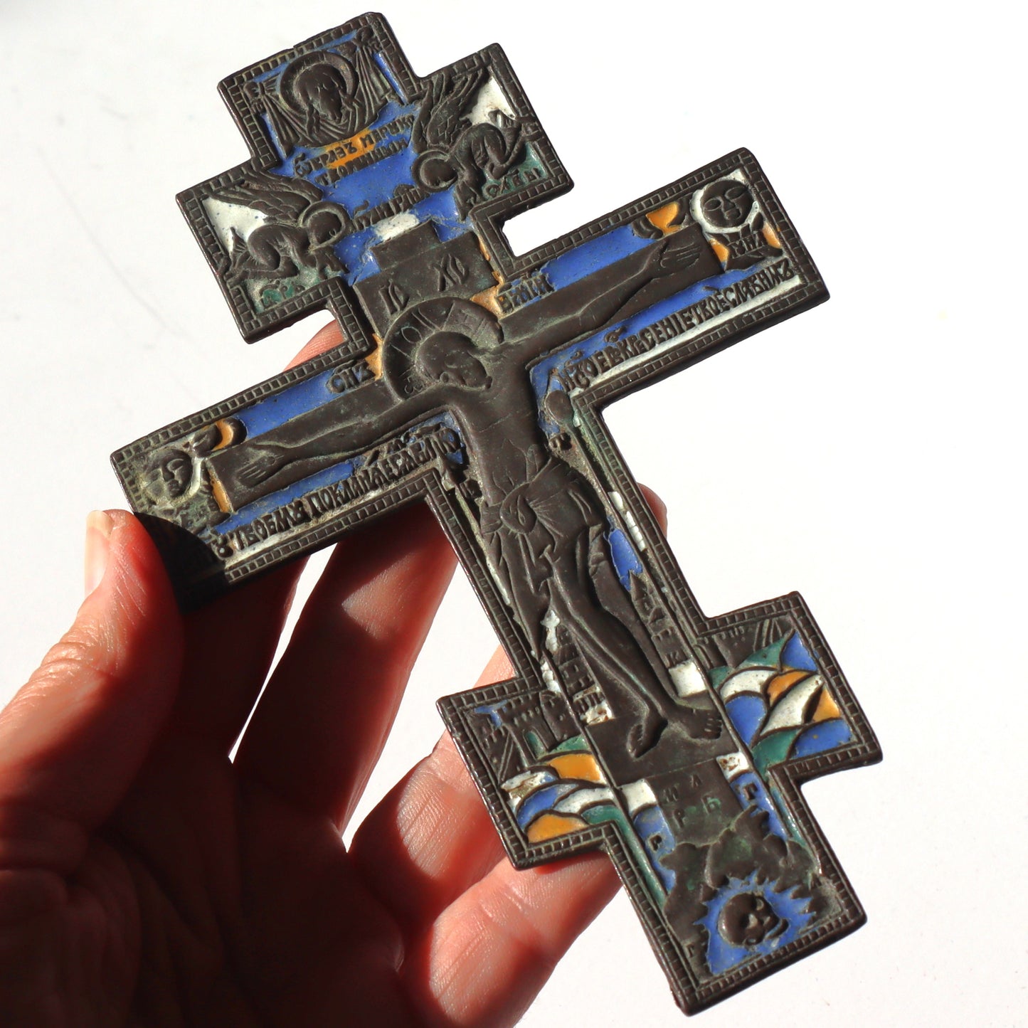 Antique c1800 Imperial era Russian Cast Bronze Enamel Orthodox Cross Icon
