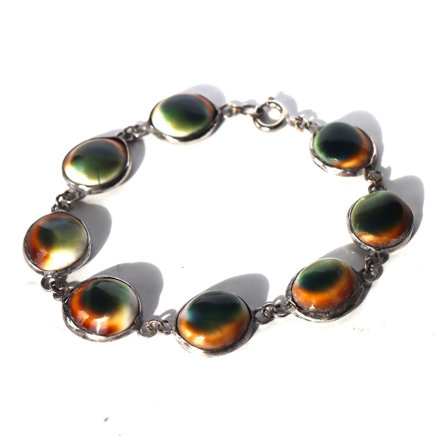 Vintage Art Deco Sterling Silver Cats Eye Operculum Set Link Bracelet c1930-40