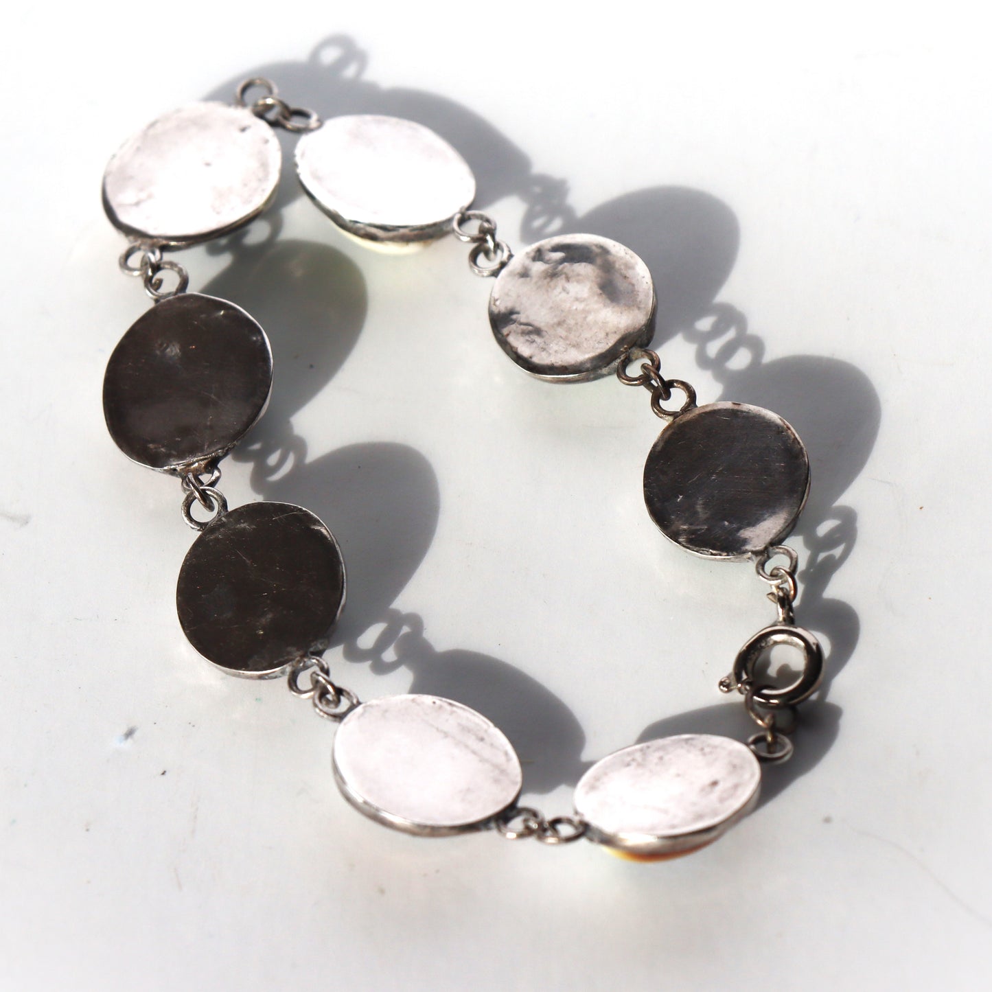 Vintage Art Deco Sterling Silver Cats Eye Operculum Set Link Bracelet c1930-40