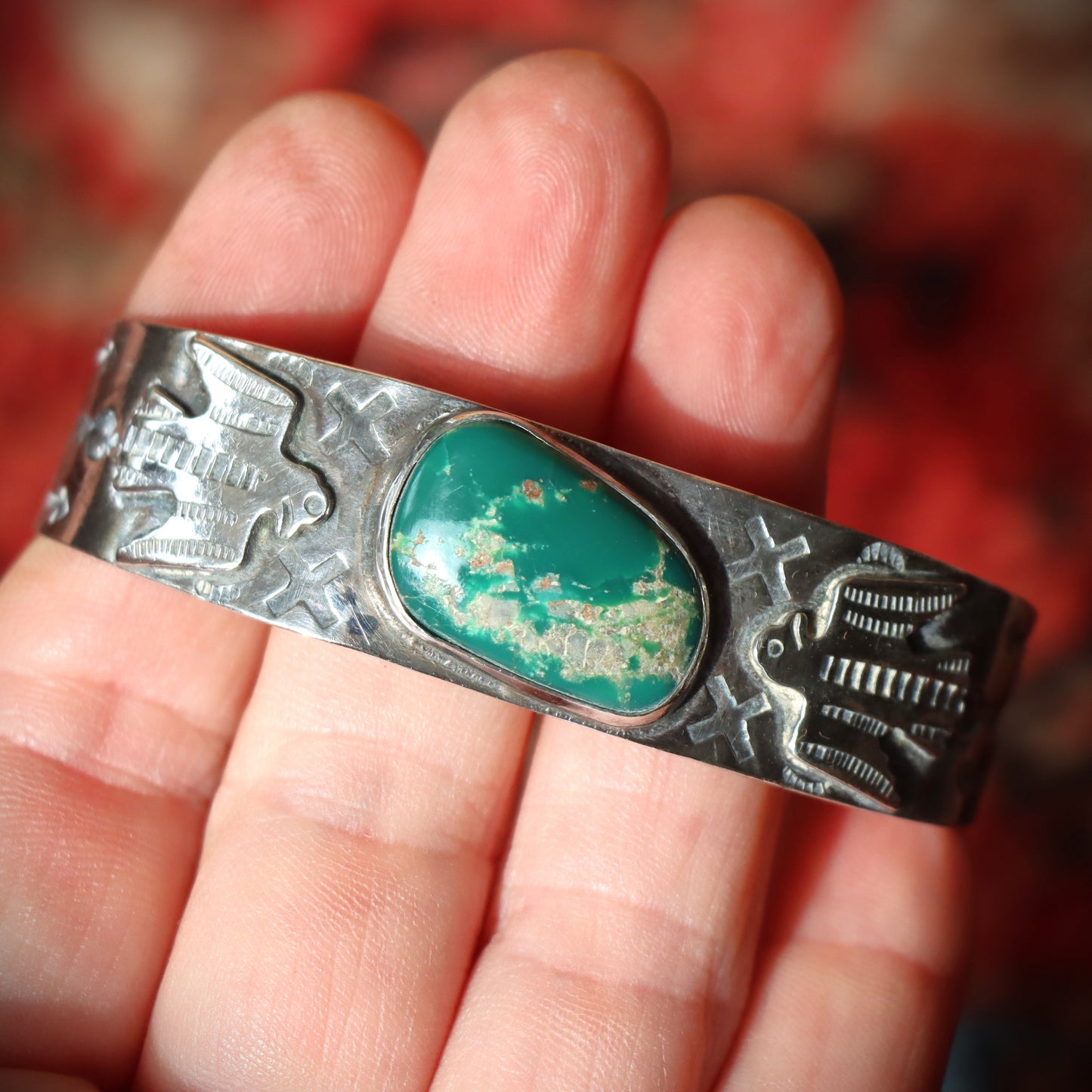 Vintage Navajo style Harvey era Turquoise Sterling Silver Thunderbird Cuff c1950