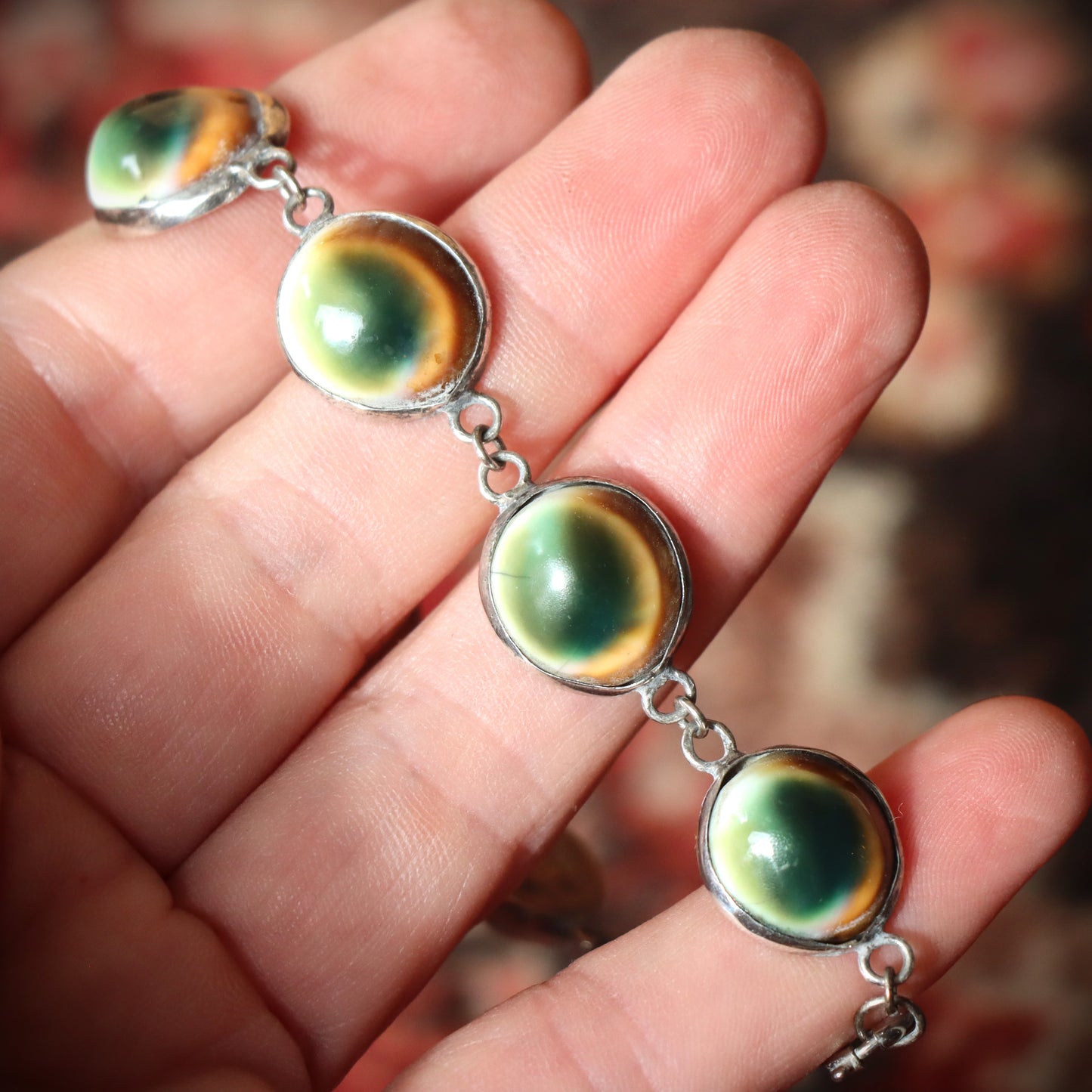Vintage Art Deco Sterling Silver Cats Eye Operculum Set Link Bracelet c1930-40