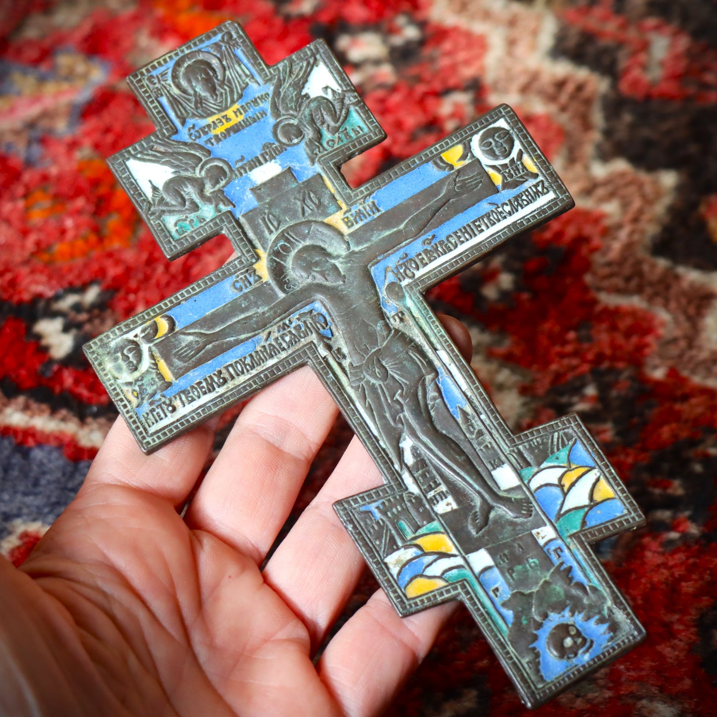 Antique c1800 Imperial era Russian Cast Bronze Enamel Orthodox Cross Icon