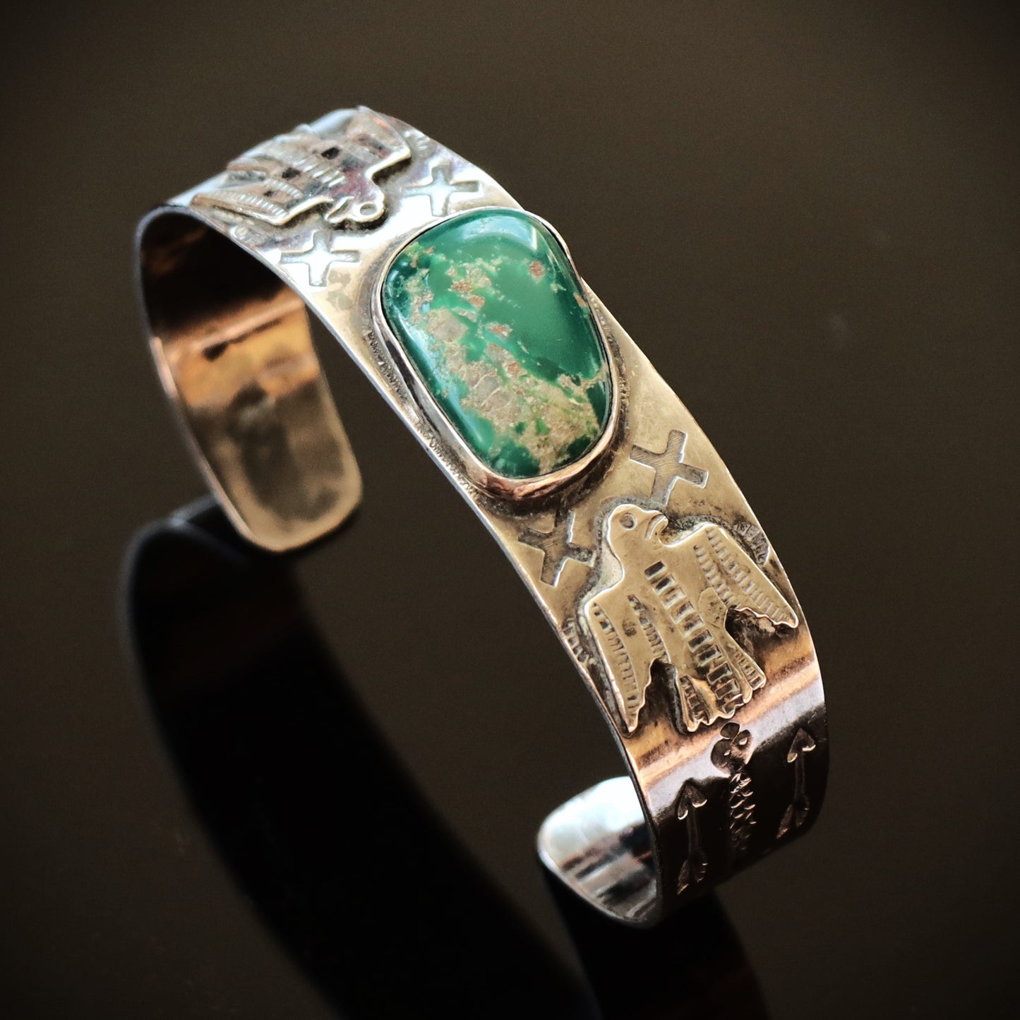 Vintage Navajo style Harvey era Turquoise Sterling Silver Thunderbird Cuff c1950