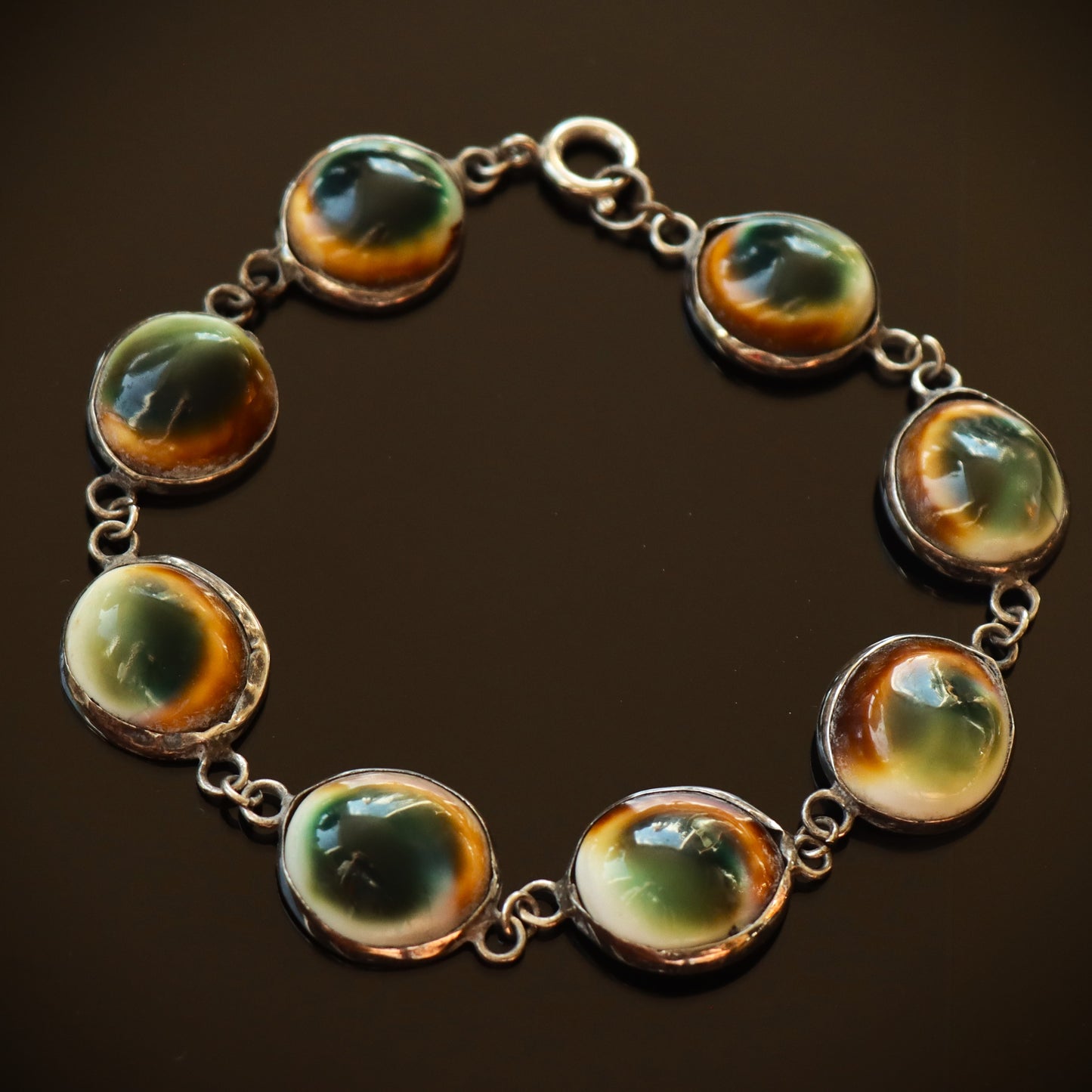 Vintage Art Deco Sterling Silver Cats Eye Operculum Set Link Bracelet c1930-40