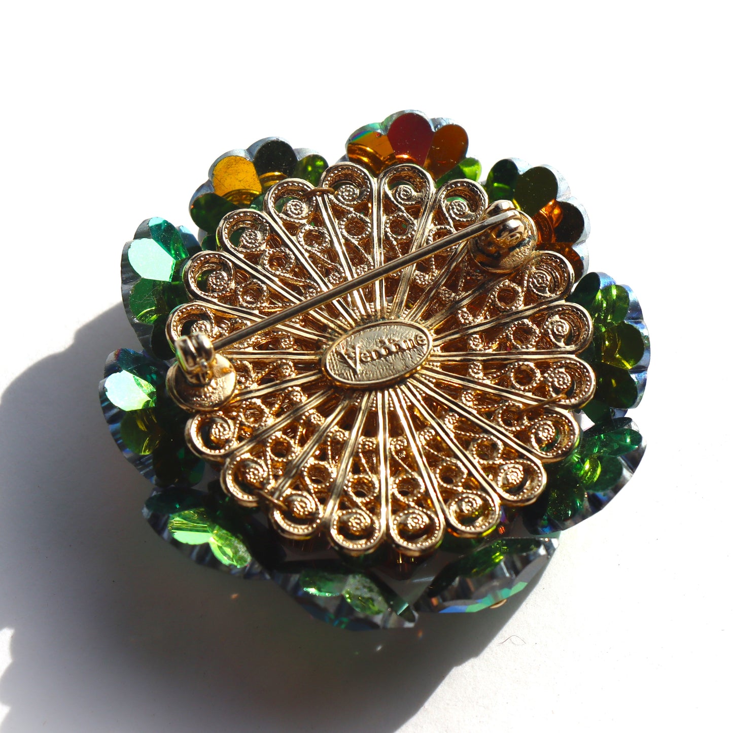 Vintage signed Vendome Watermelon Margarita Rivoli Rhinestone Gold Tone Brooch