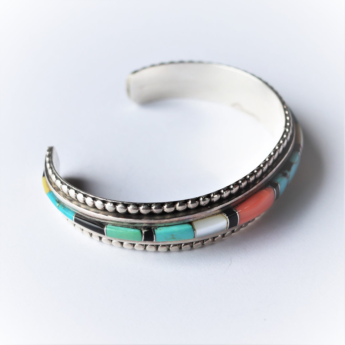 Mid Century Navajo Sterling Silver Multi Stone Inlaid Cuff Bracelet Dean Brown