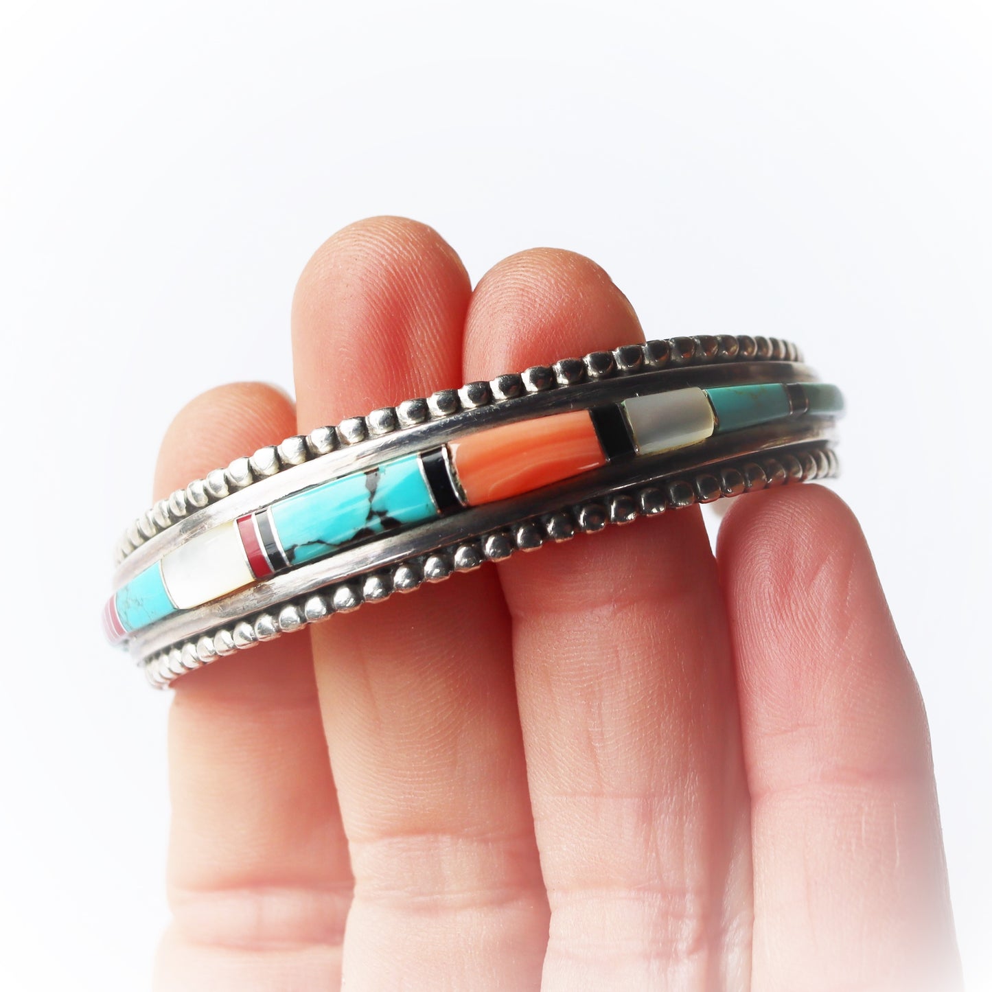 Mid Century Navajo Sterling Silver Multi Stone Inlaid Cuff Bracelet Dean Brown