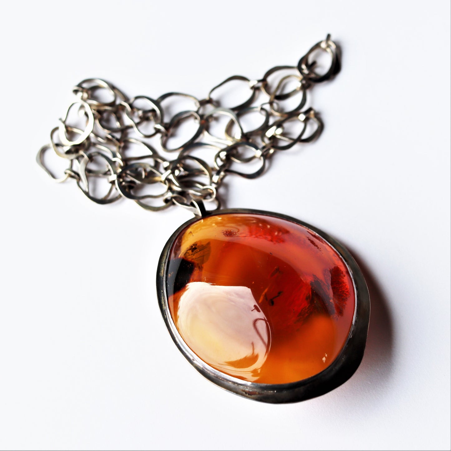 Large mid Century Polish 800 Silver Natural Baltic Freeform Amber Pendant Signed