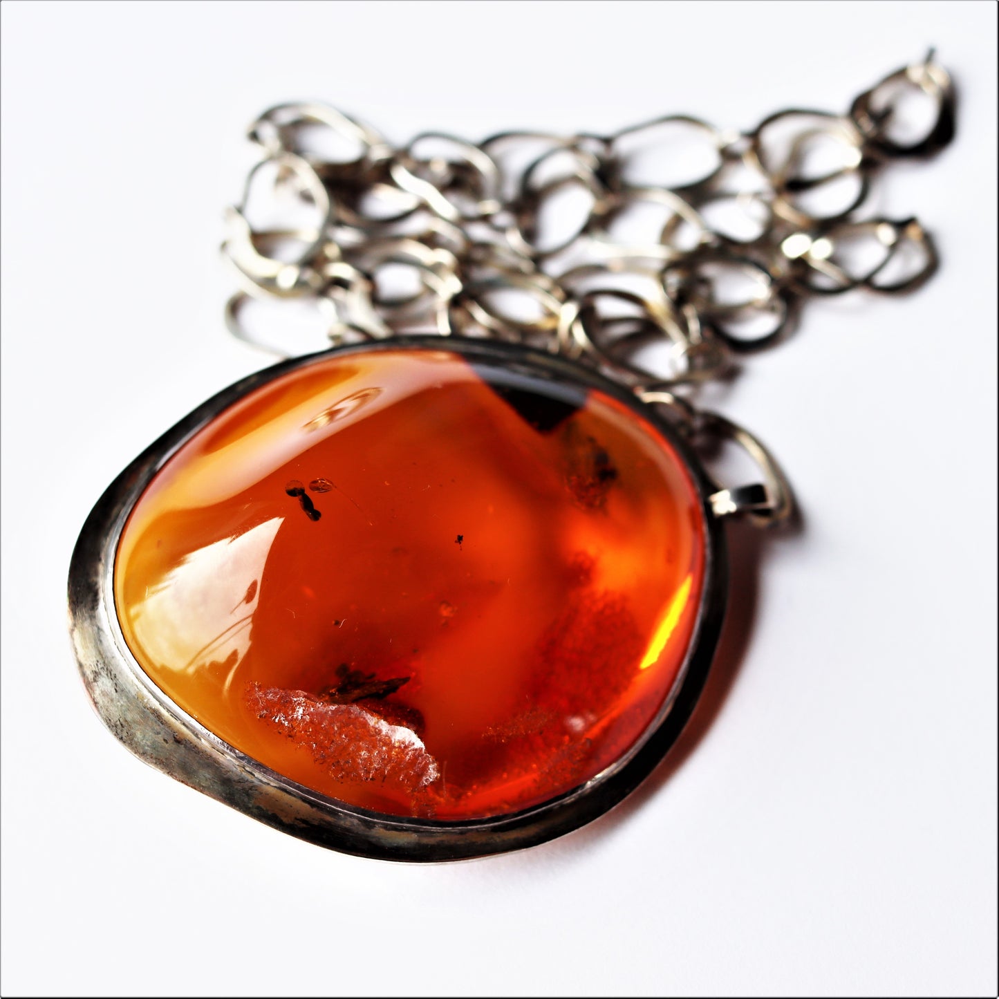 Large mid Century Polish 800 Silver Natural Baltic Freeform Amber Pendant Signed