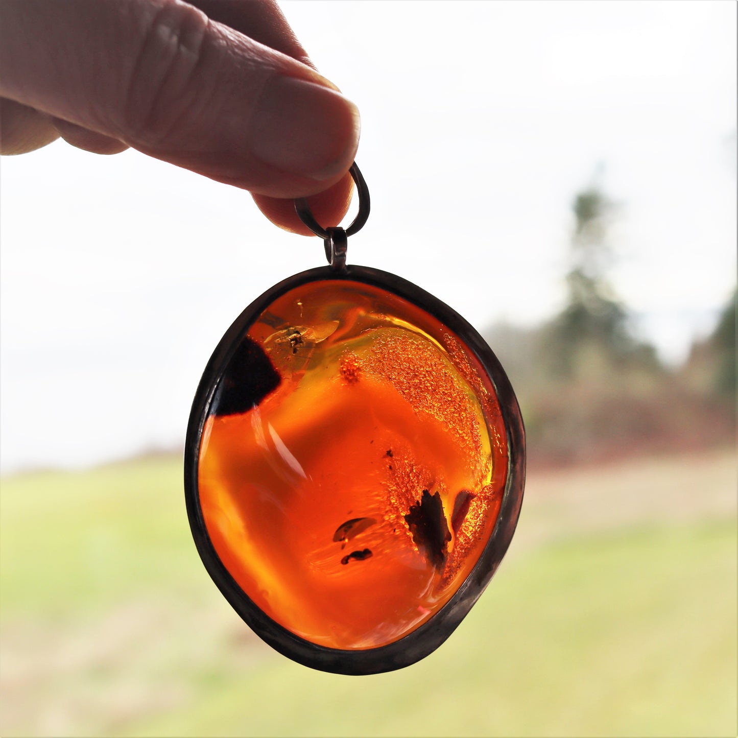 Large mid Century Polish 800 Silver Natural Baltic Freeform Amber Pendant Signed