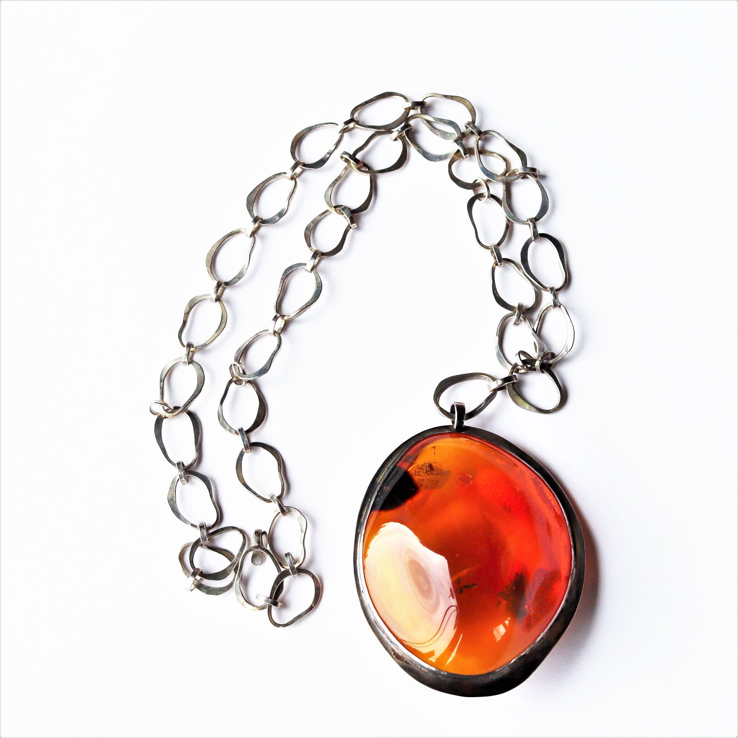 Large mid Century Polish 800 Silver Natural Baltic Freeform Amber Pendant Signed