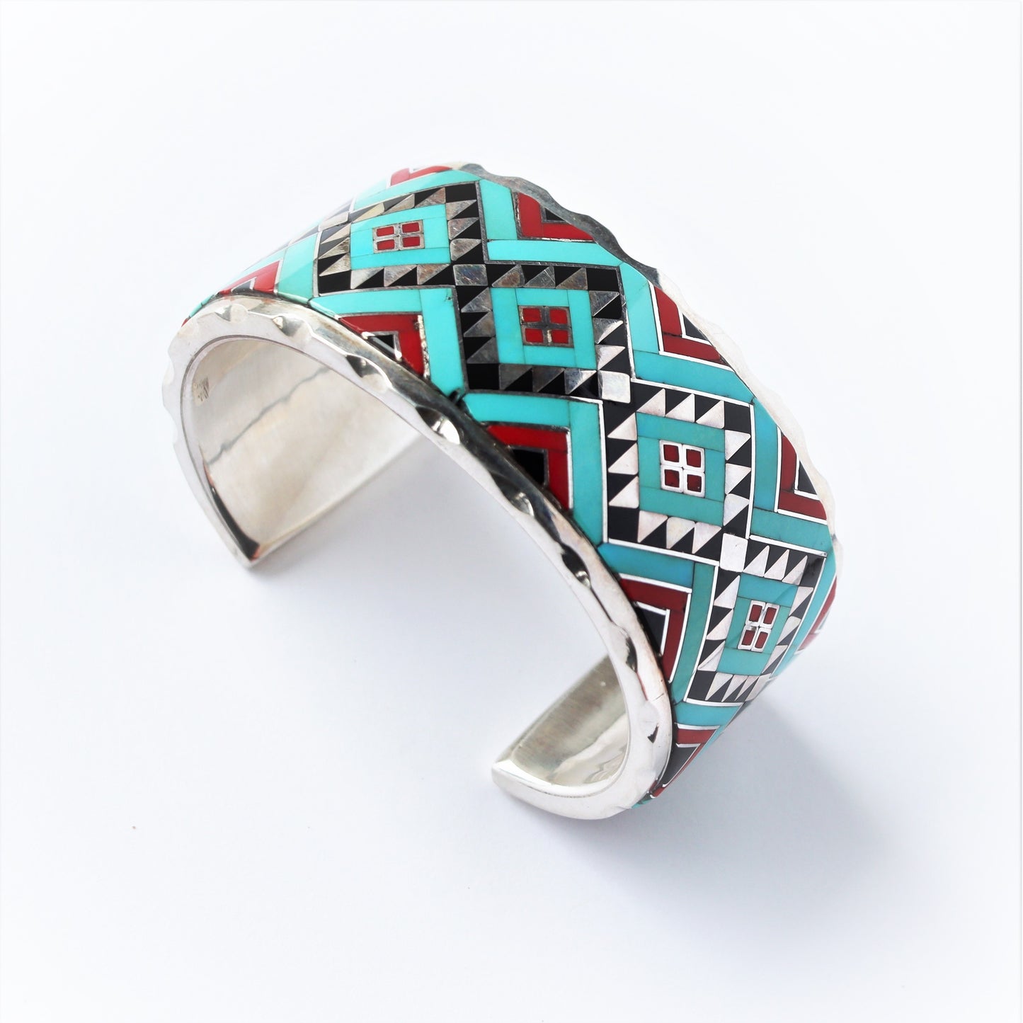 Vintage Allen Brown Navajo Silver Turquoise Red Dog Onyx Inlaid Cuff Bracelet