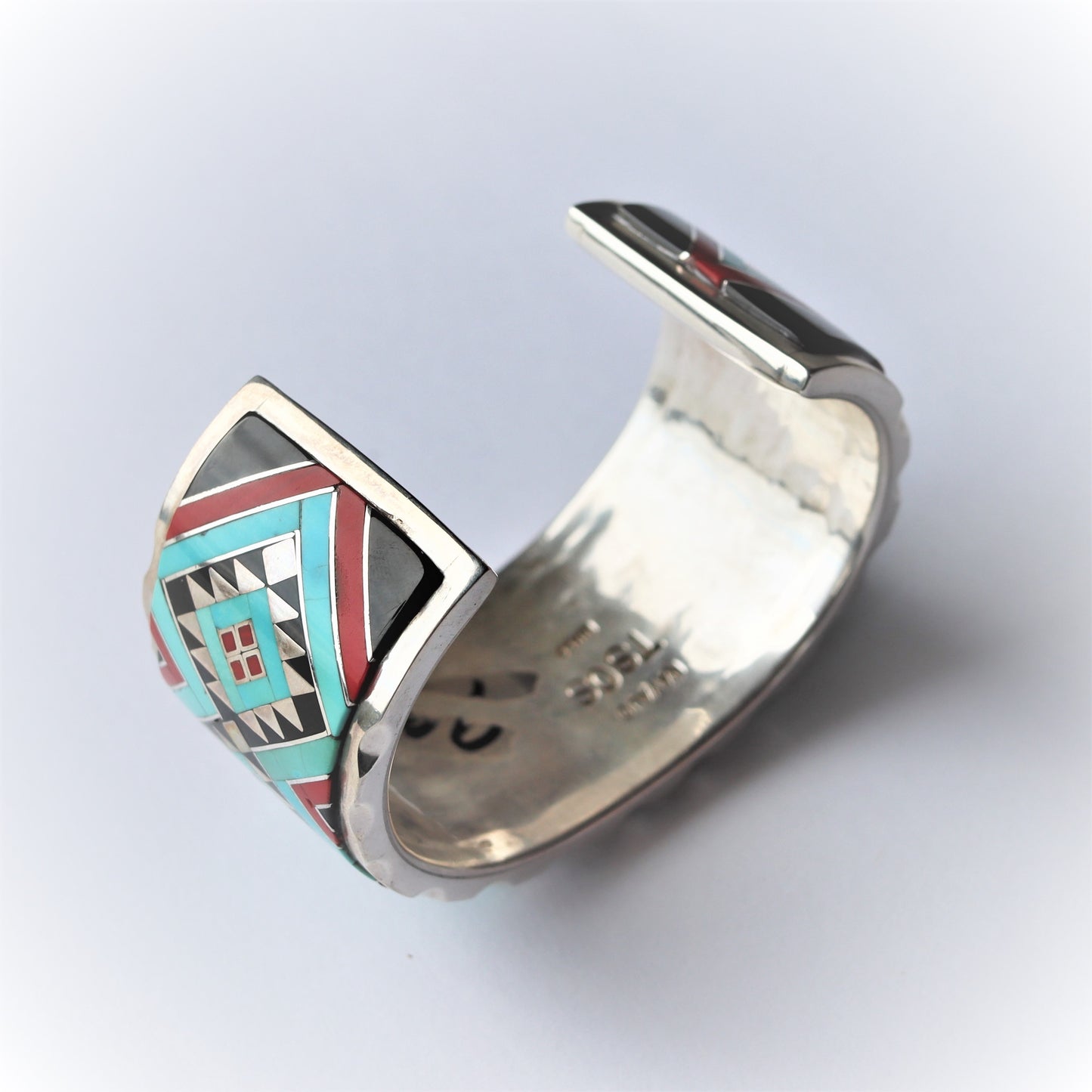 Vintage Allen Brown Navajo Silver Turquoise Red Dog Onyx Inlaid Cuff Bracelet