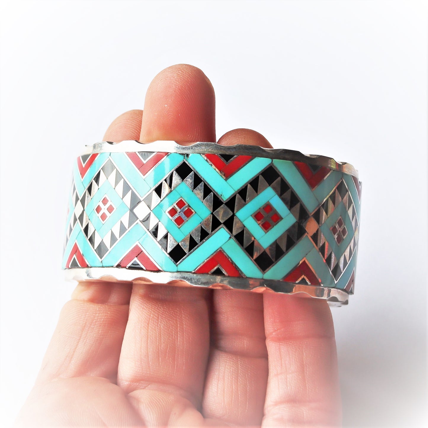 Vintage Allen Brown Navajo Silver Turquoise Red Dog Onyx Inlaid Cuff Bracelet