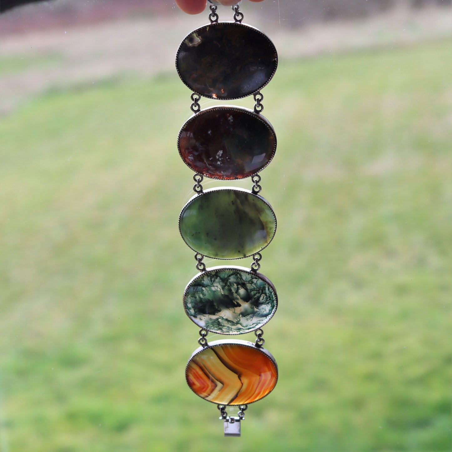 Mid Century Sterling Silver Large Oval Agate Link Statement Bracelet