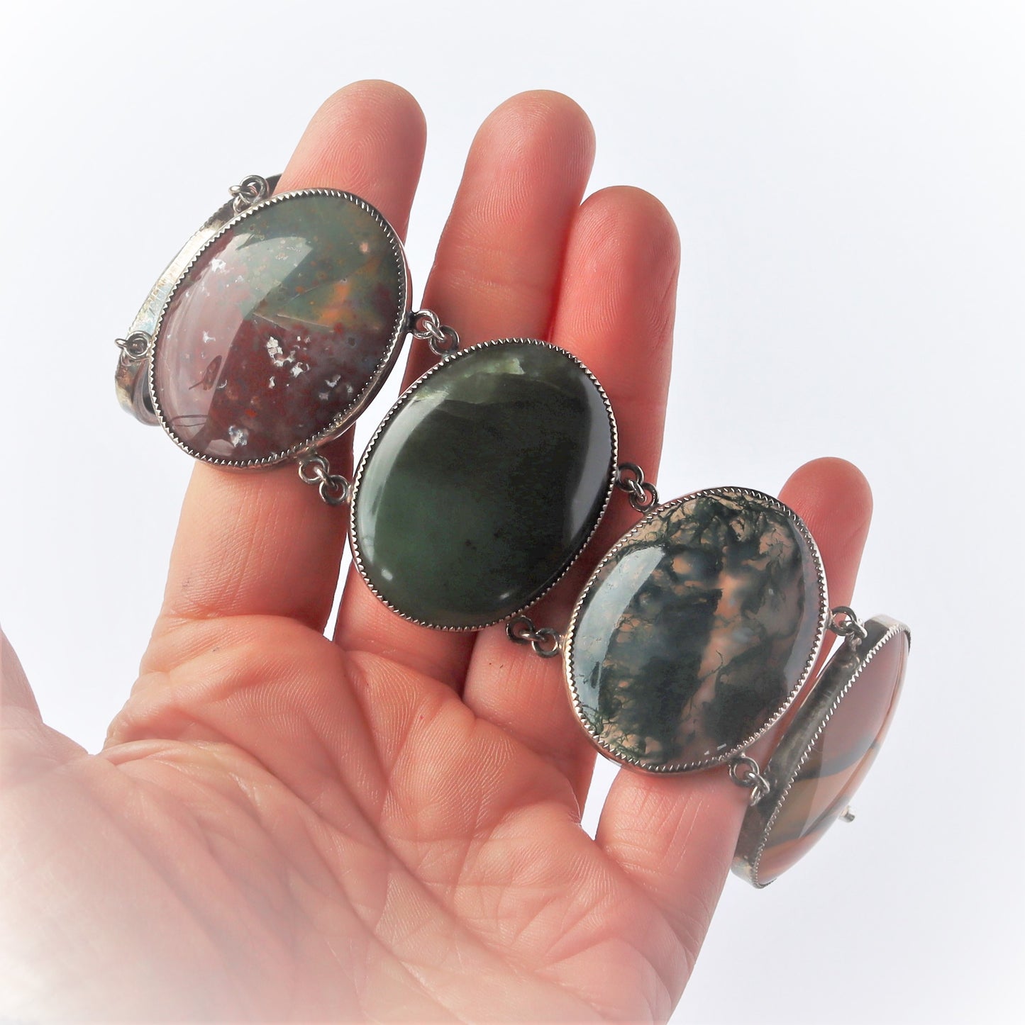 Mid Century Sterling Silver Large Oval Agate Link Statement Bracelet