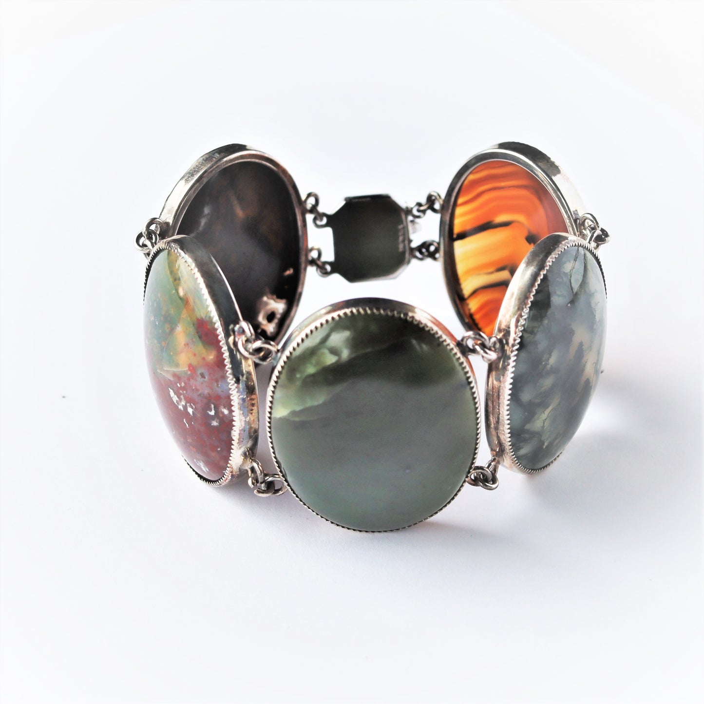 Mid Century Sterling Silver Large Oval Agate Link Statement Bracelet