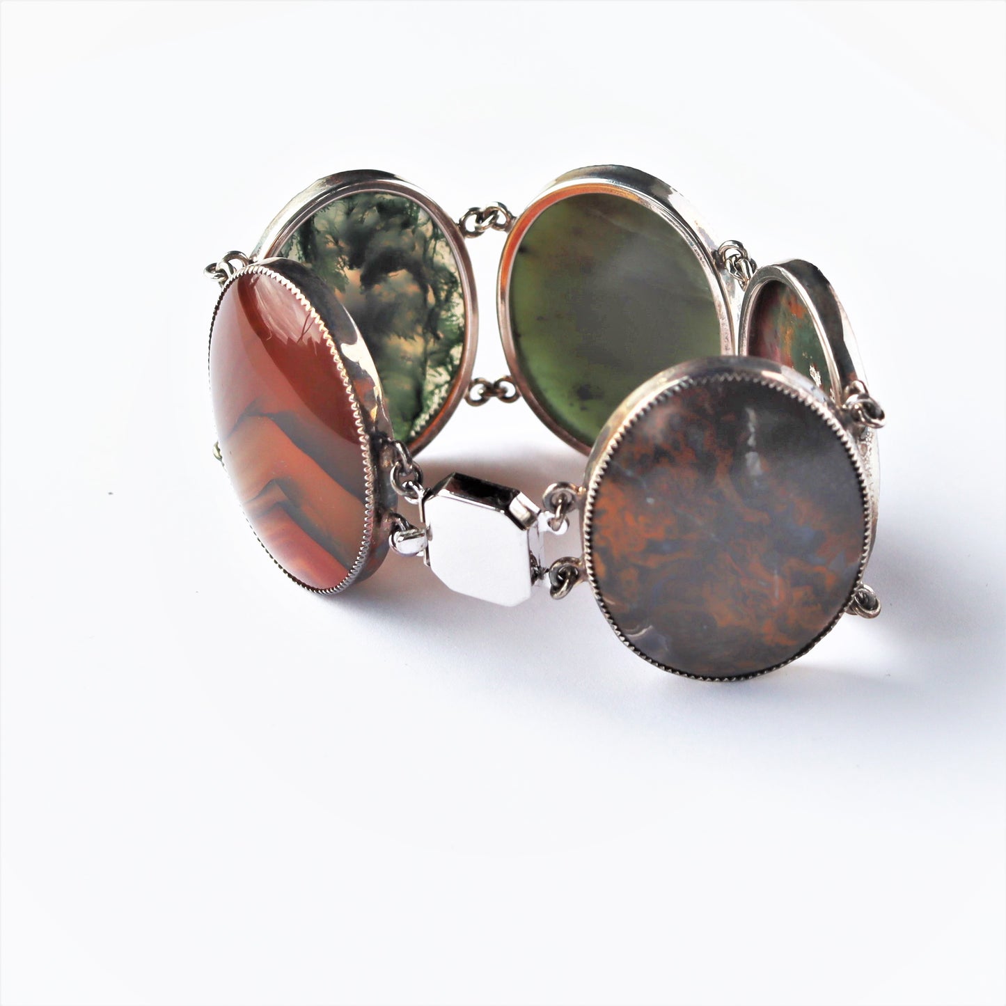 Mid Century Sterling Silver Large Oval Agate Link Statement Bracelet