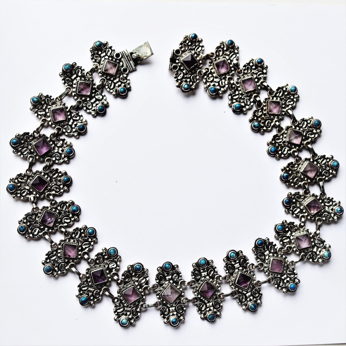 Vintage Taxco Mexico Sterling Silver Amethyst Lapis Statement Collar Necklace