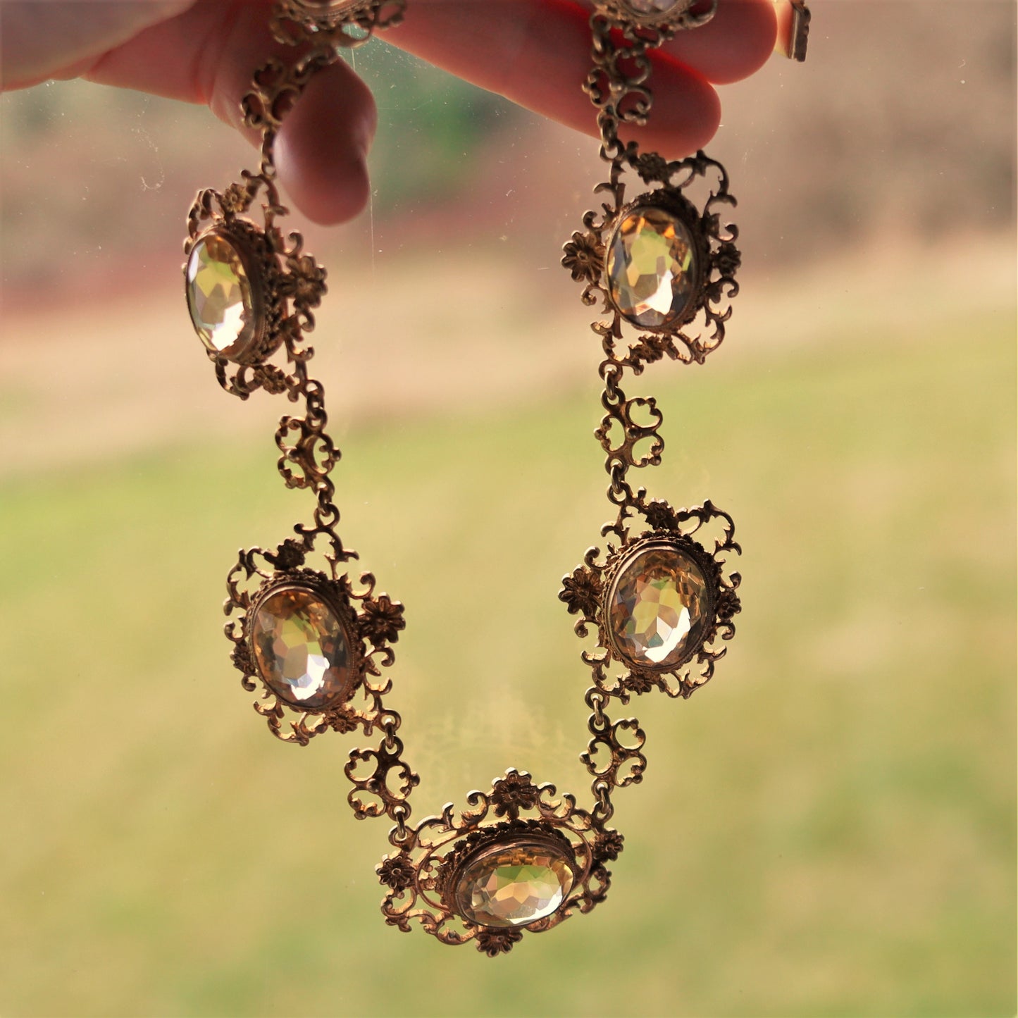 Art Nouveau 800 Gold Vermeil Florentine Renaissance Revival Filigree Citrine Collar