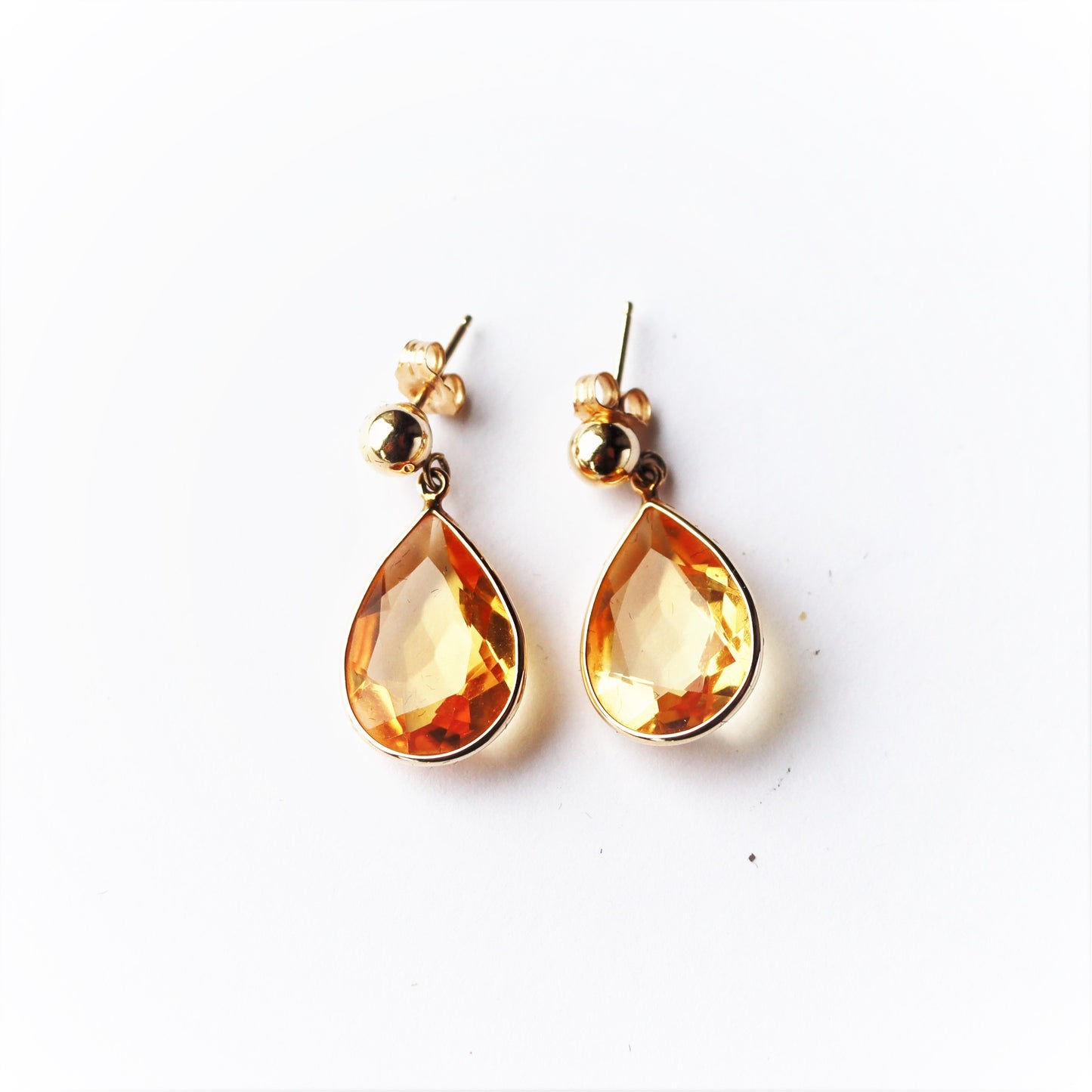 Estate 14k Gold Citrine Pear Shaped Pierced Drop Pendant Earrings