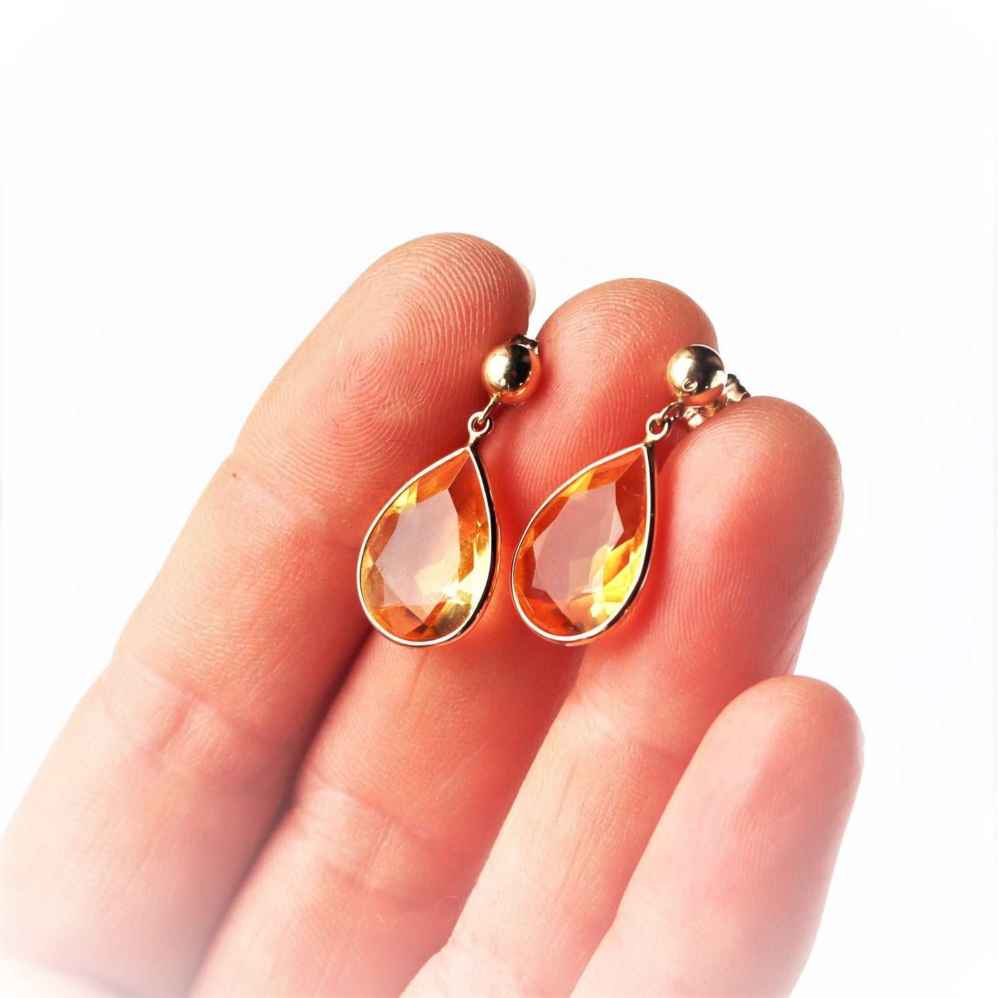 Estate 14k Gold Citrine Pear Shaped Pierced Drop Pendant Earrings