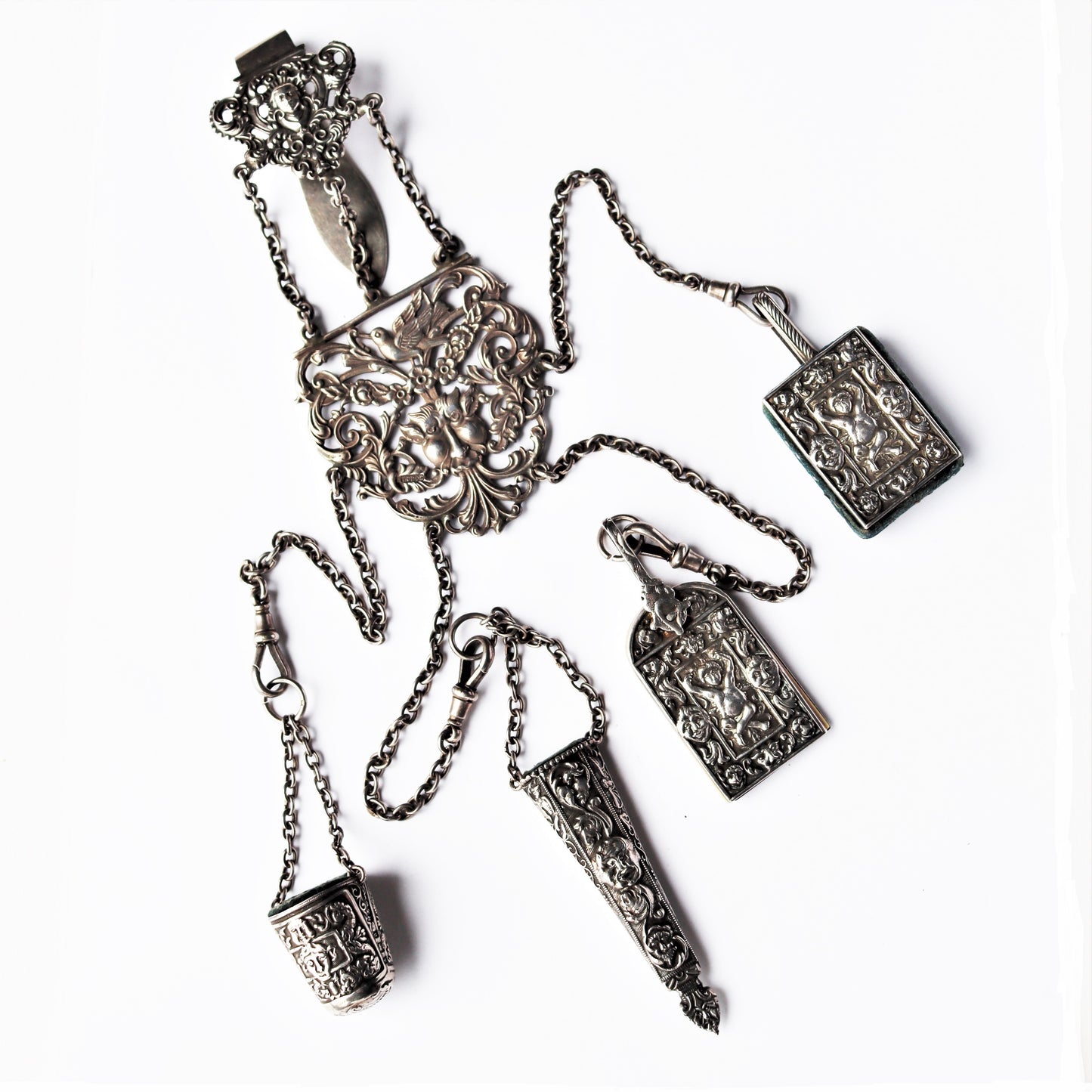 Victorian Sterling Silver Renaissance Revival Sewing Chatelaine Turnbull Brothers Birmingham c1900