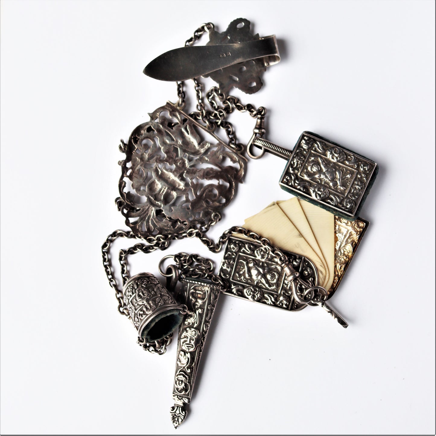 Victorian Sterling Silver Renaissance Revival Sewing Chatelaine Turnbull Brothers Birmingham c1900