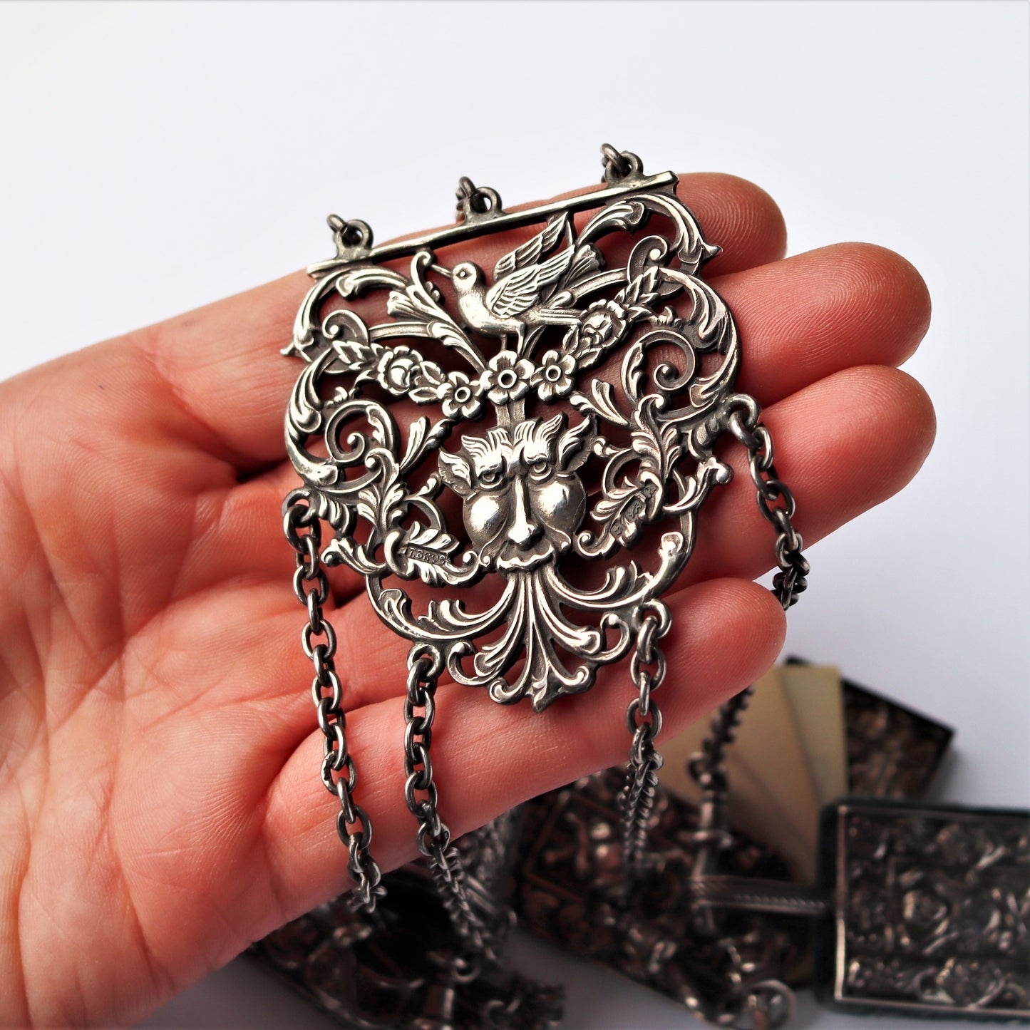 Victorian Sterling Silver Renaissance Revival Sewing Chatelaine Turnbull Brothers Birmingham c1900