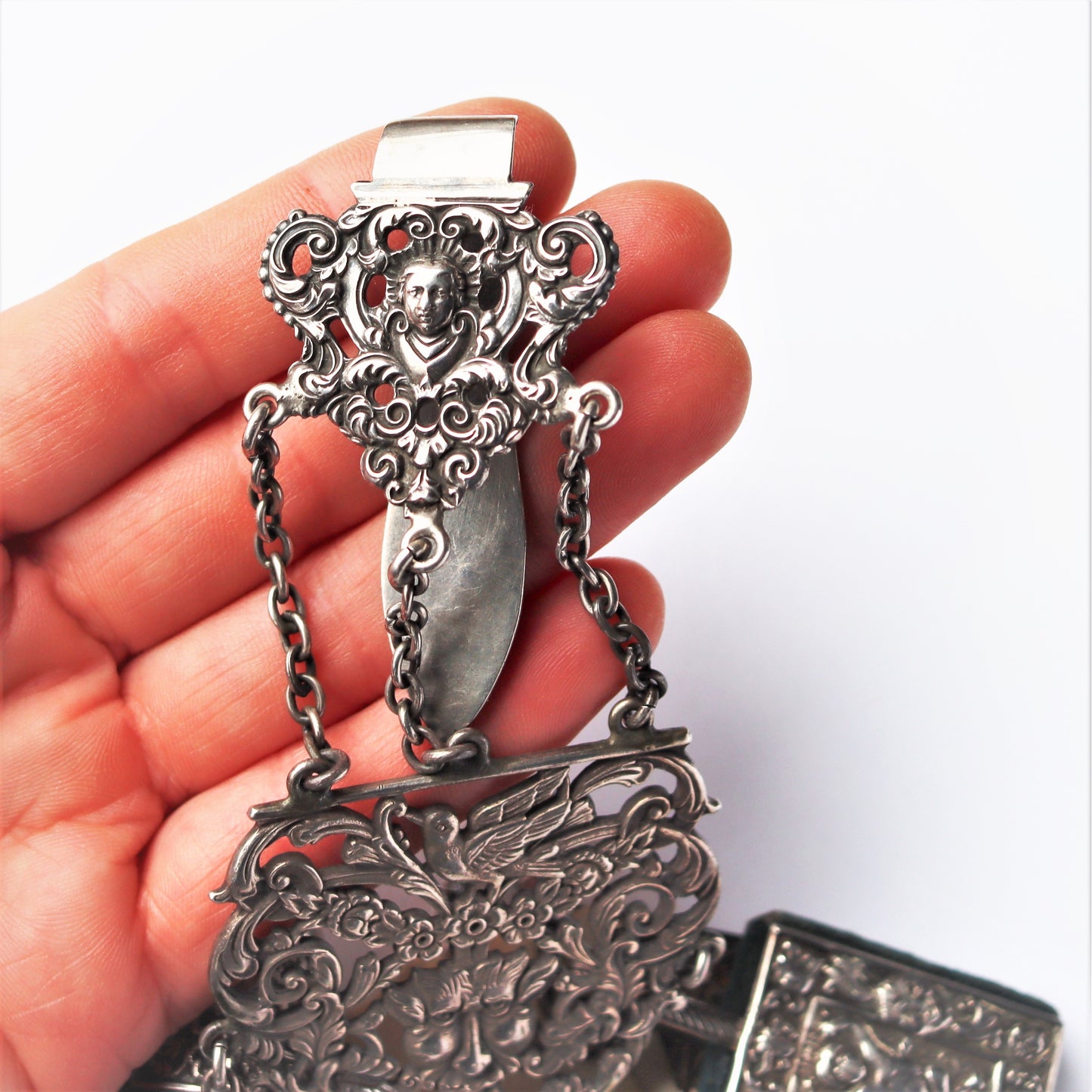 Victorian Sterling Silver Renaissance Revival Sewing Chatelaine Turnbull Brothers Birmingham c1900