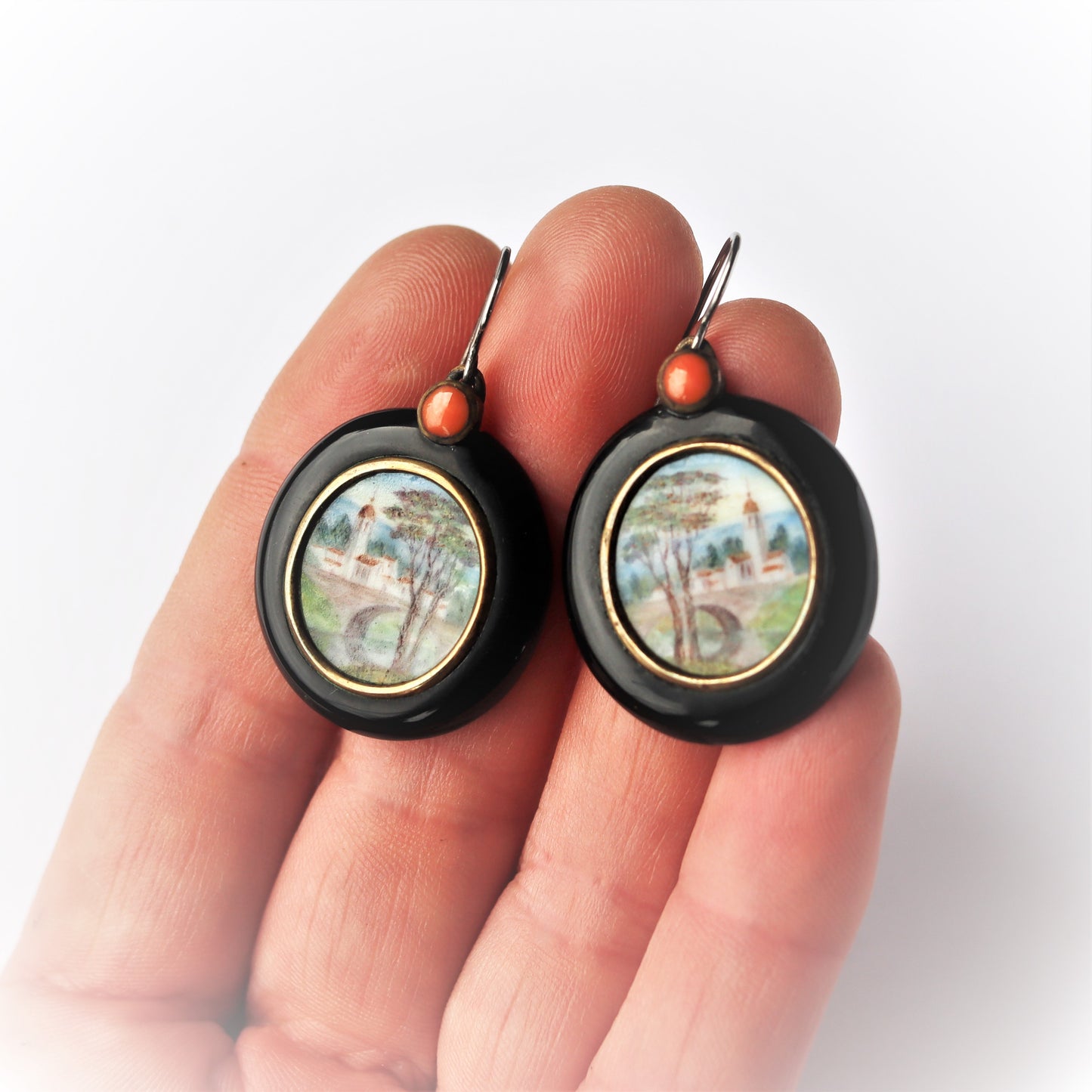 Antique Russian Jet Gold and Coral Earrings w/ Hand Painted Miniature Landscape