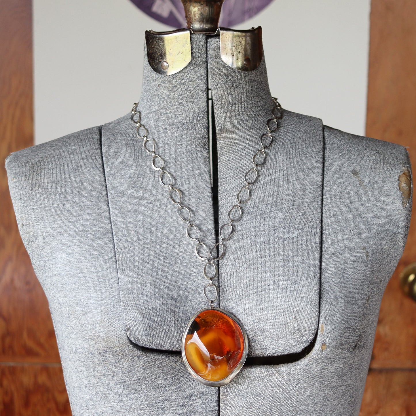 Large mid Century Polish 800 Silver Natural Baltic Freeform Amber Pendant Signed