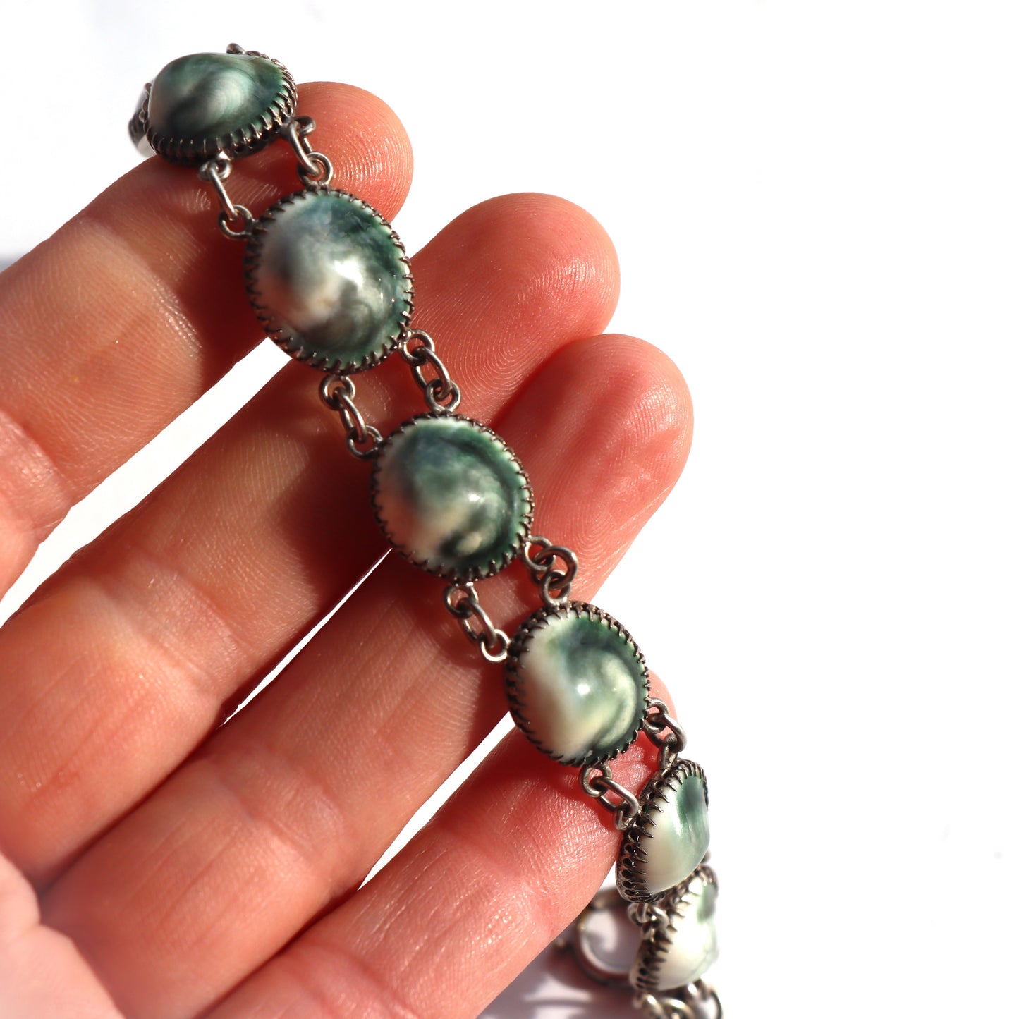 Art Deco Sterling Silver Green Snail Operculum Set Link Bracelet c1940