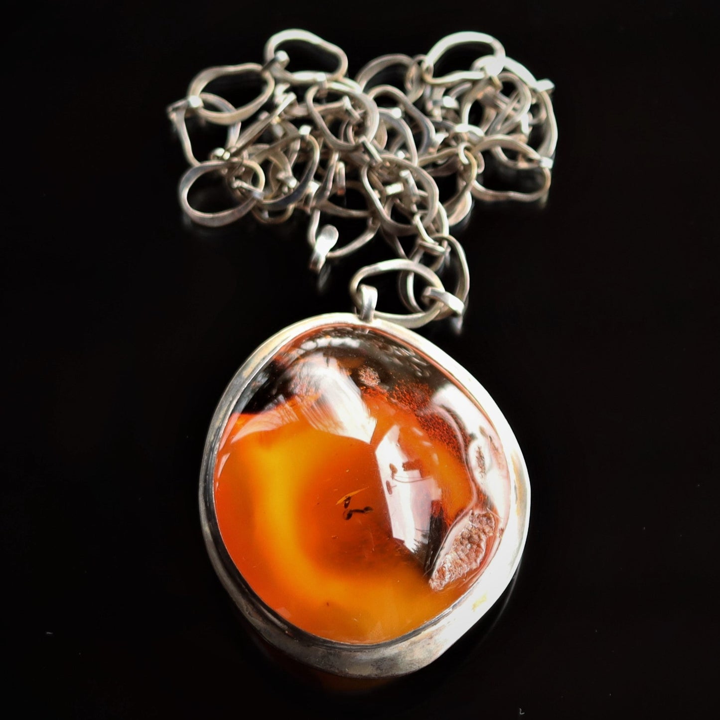 Large mid Century Polish 800 Silver Natural Baltic Freeform Amber Pendant Signed
