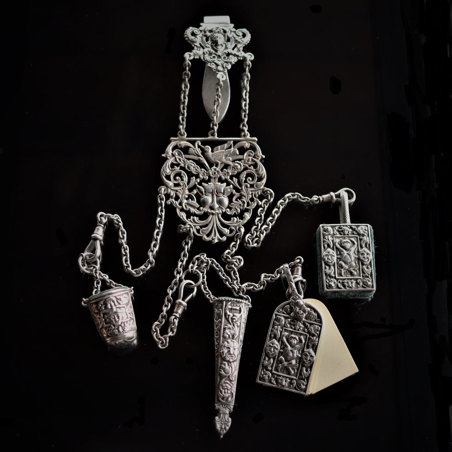 Victorian Sterling Silver Renaissance Revival Sewing Chatelaine Turnbull Brothers Birmingham c1900