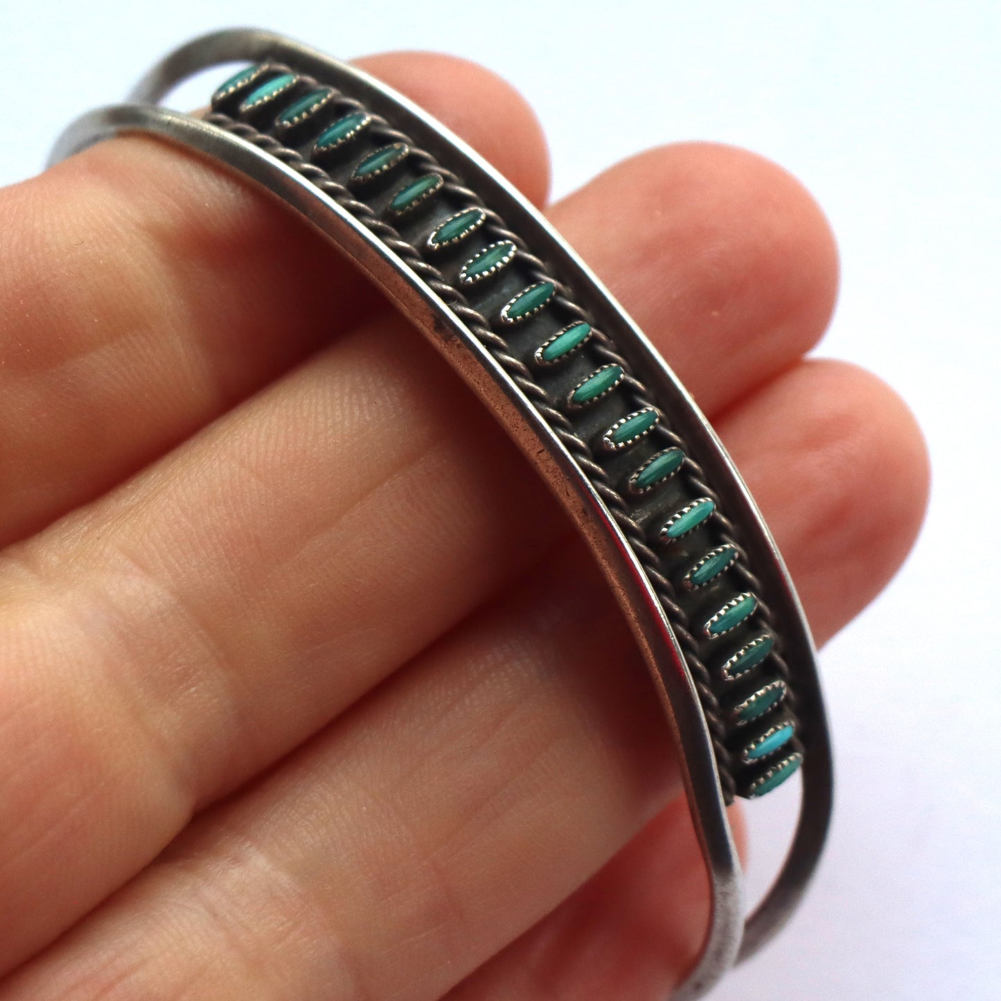 Early Green Petit Point Turquoise Zuni Sterling Silver Signed Cuff Bracelet