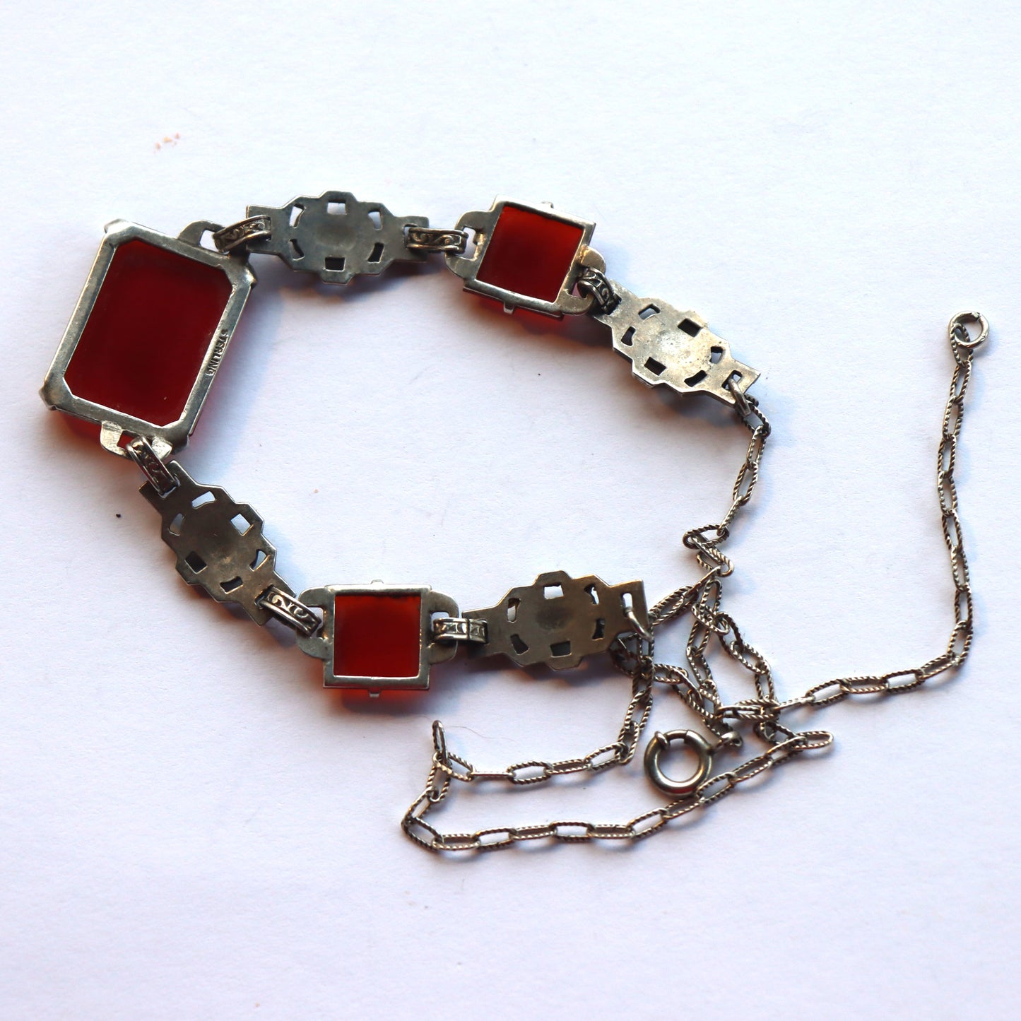 Art Deco Sterling Silver Carnelian and Marcasite Necklace c1930