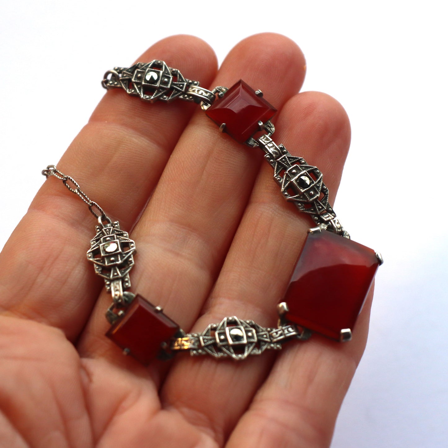 Art Deco Sterling Silver Carnelian and Marcasite Necklace c1930