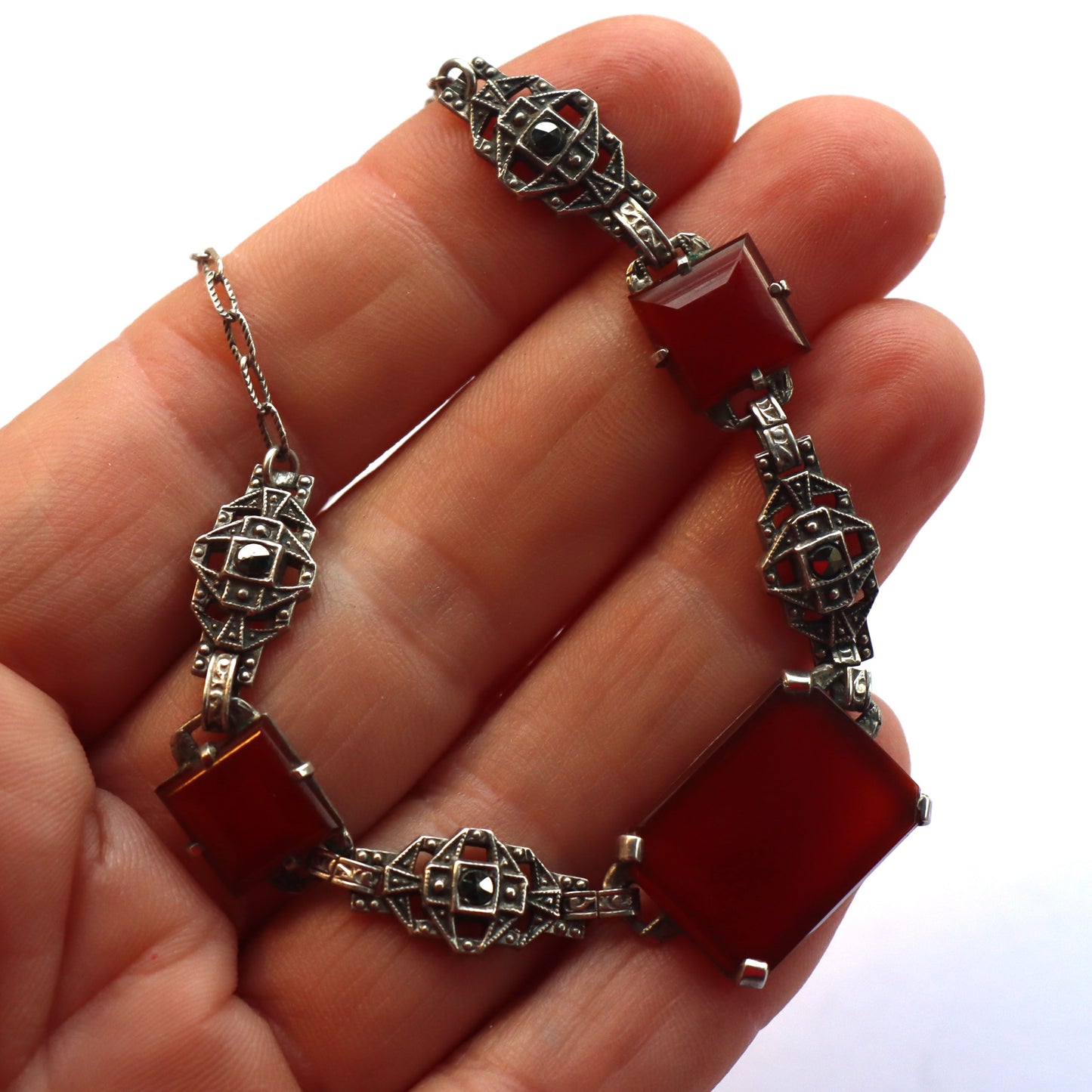 Art Deco Sterling Silver Carnelian and Marcasite Necklace c1930