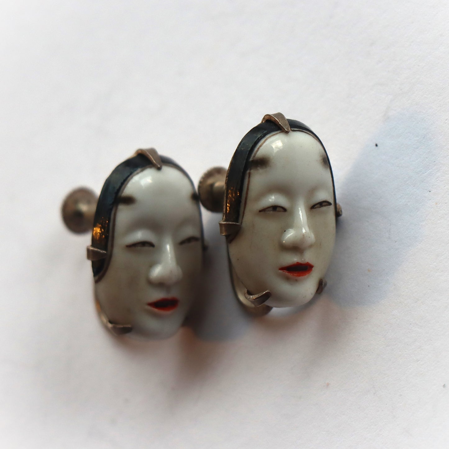 Vintage c1950 Japanese Toshikane Ceramic Noh Mask Screwback Earrings Ko-Omote
