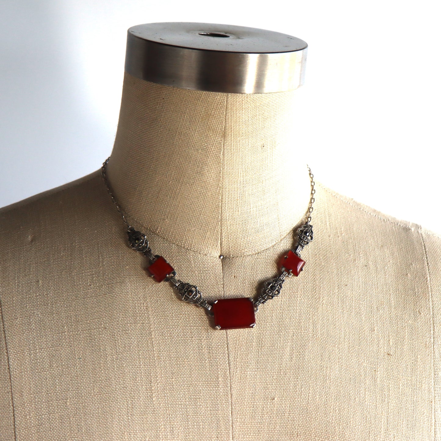 Art Deco Sterling Silver Carnelian and Marcasite Necklace c1930