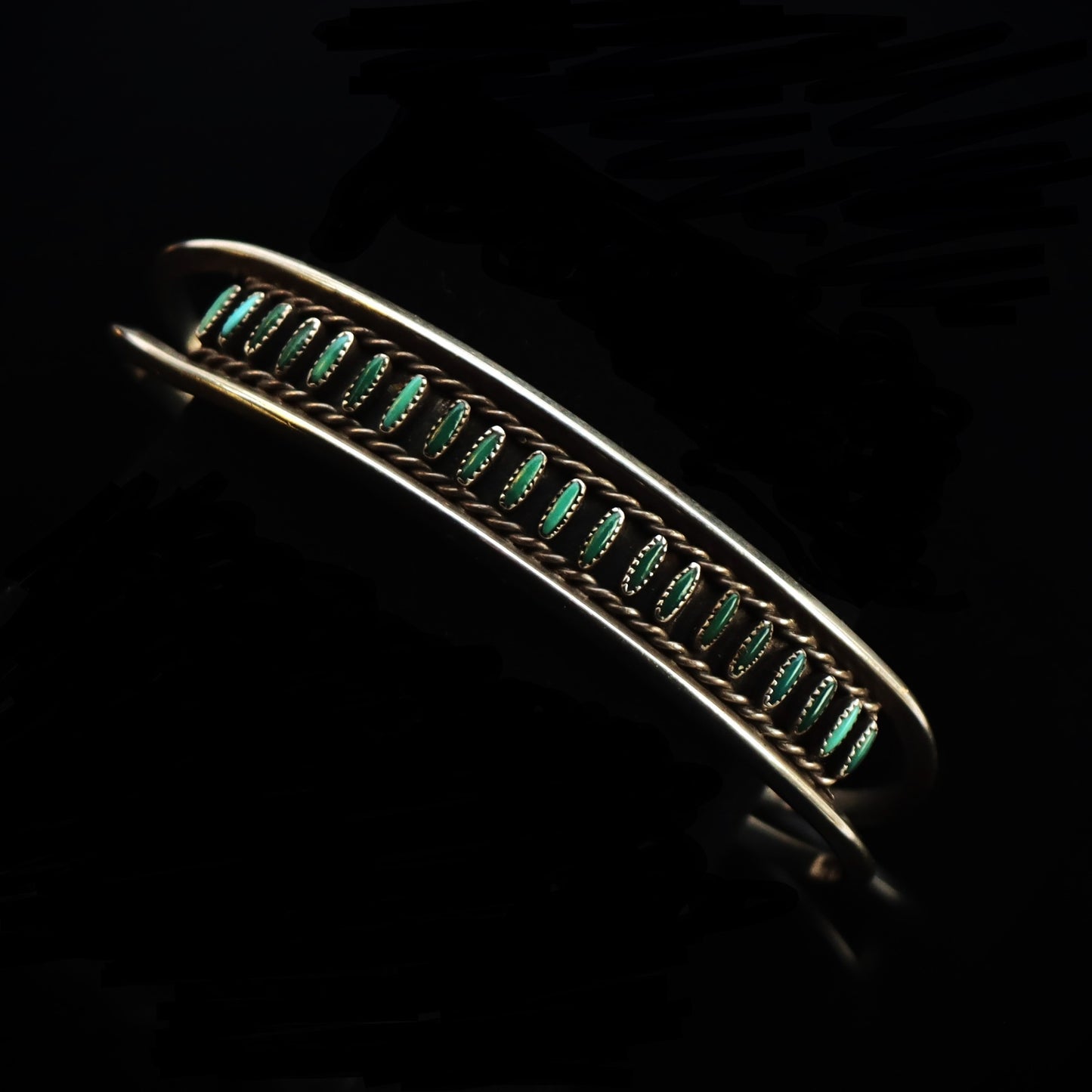 Early Green Petit Point Turquoise Zuni Sterling Silver Signed Cuff Bracelet