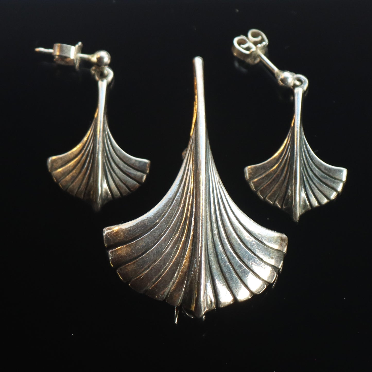 Mid Century Danish Modern Sterling Silver Frans Magnussen Viking Ship Brooch Earrings Set