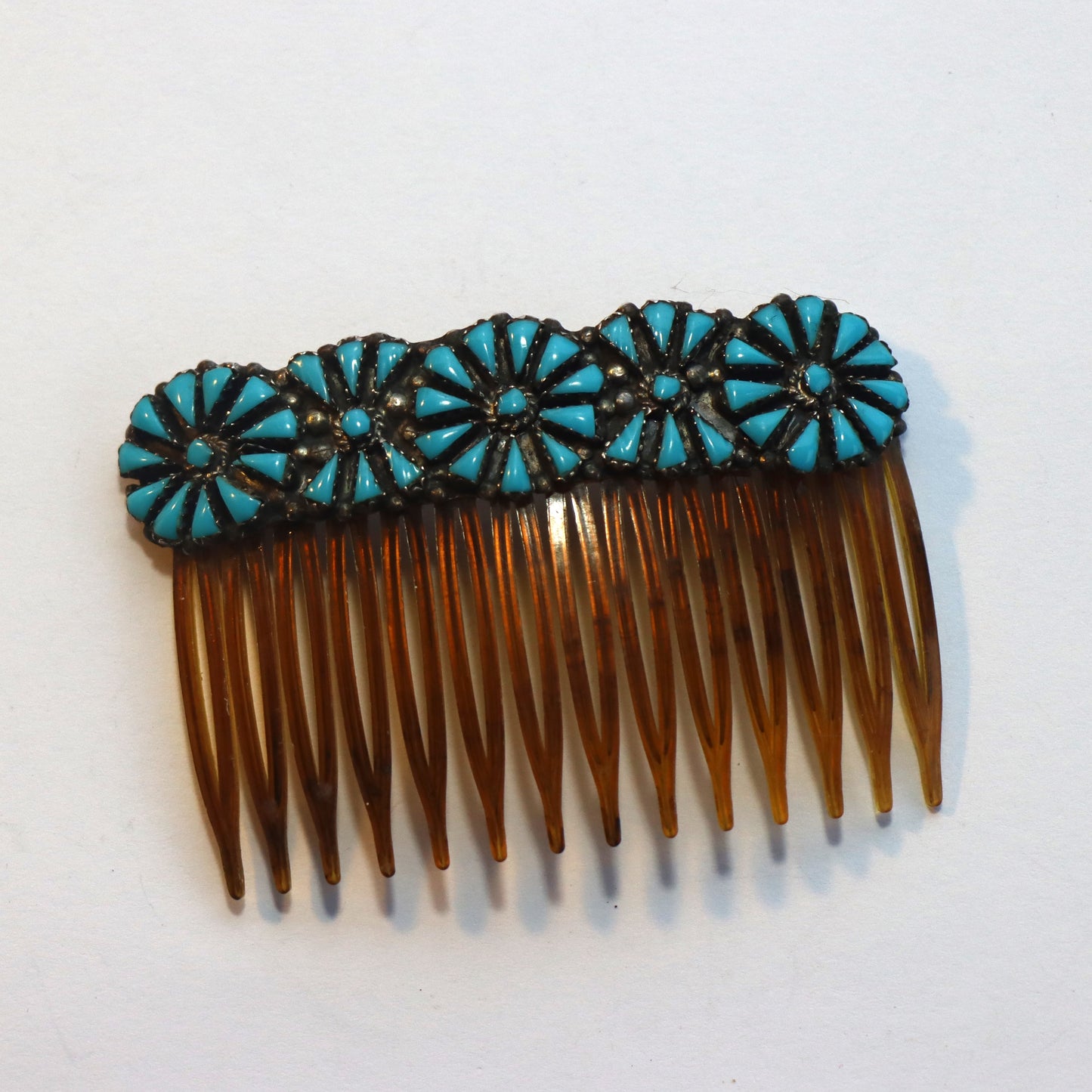 Vintage un Signed Zuni Sterling Silver Floral Petit Point Blue Turquoise Hair Comb