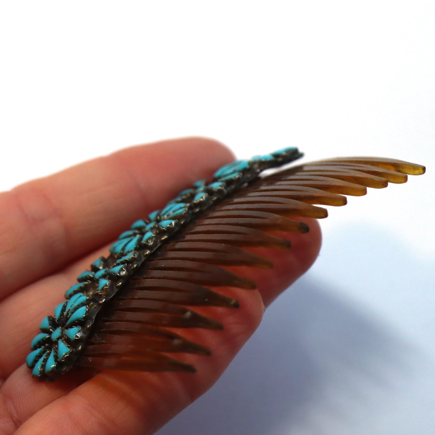 Vintage un Signed Zuni Sterling Silver Floral Petit Point Blue Turquoise Hair Comb
