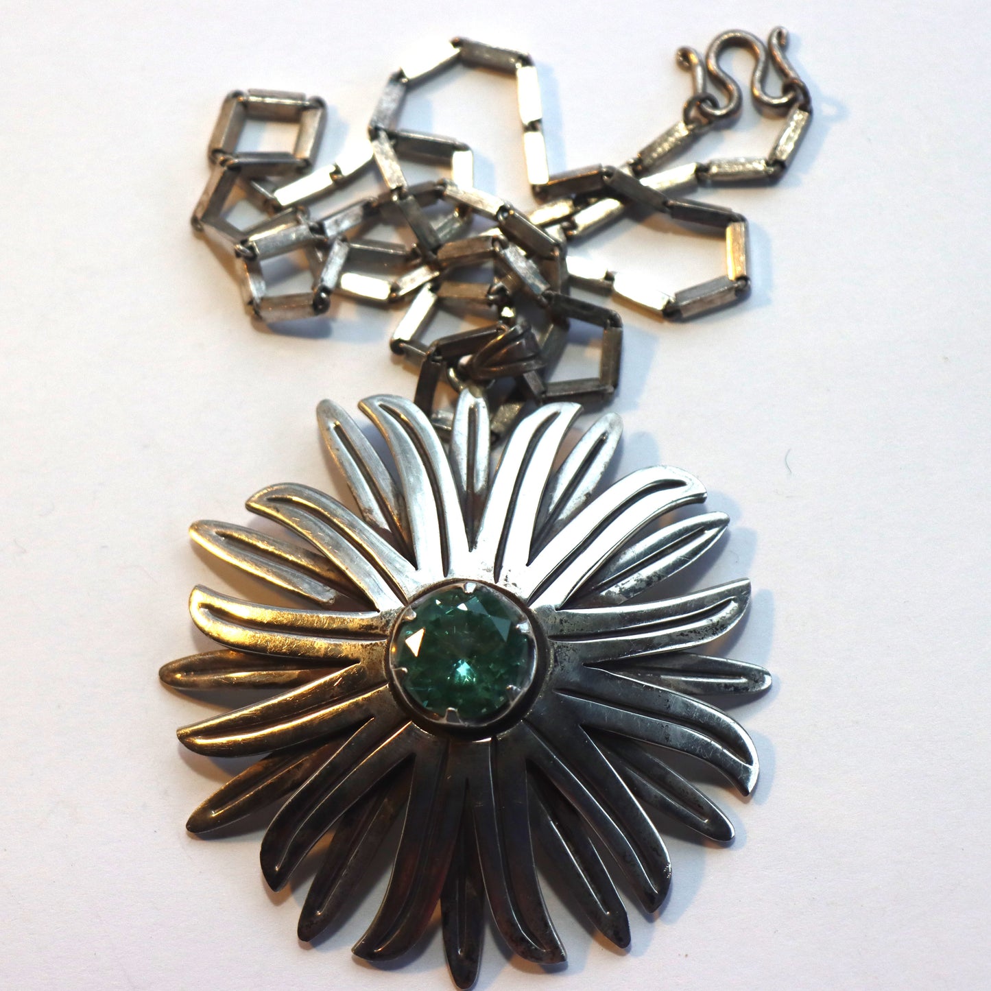 TAXCO Art Deco c1940 Sterling Flower Pendant Color Change lab Sapphire Sterling Baht Chain
