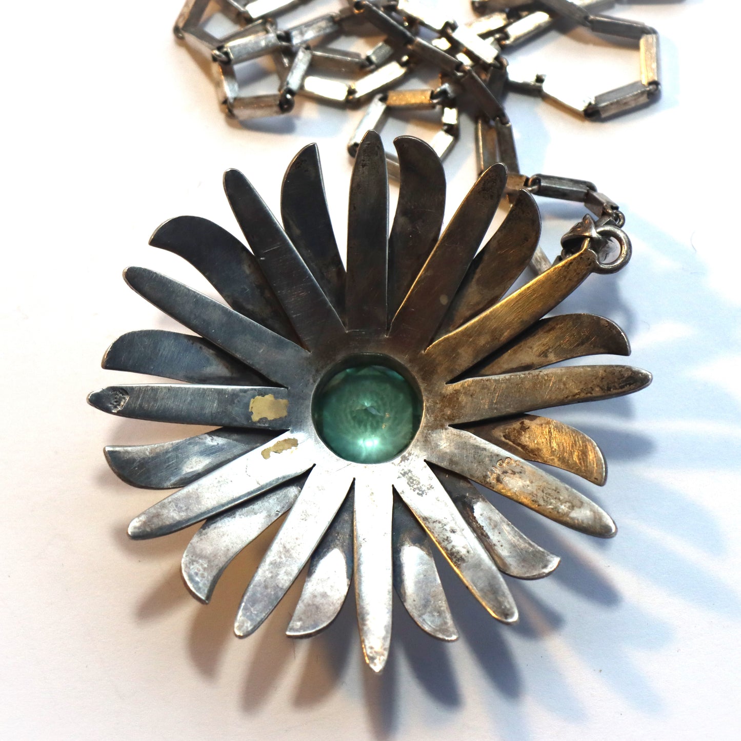 TAXCO Art Deco c1940 Sterling Flower Pendant Color Change lab Sapphire Sterling Baht Chain