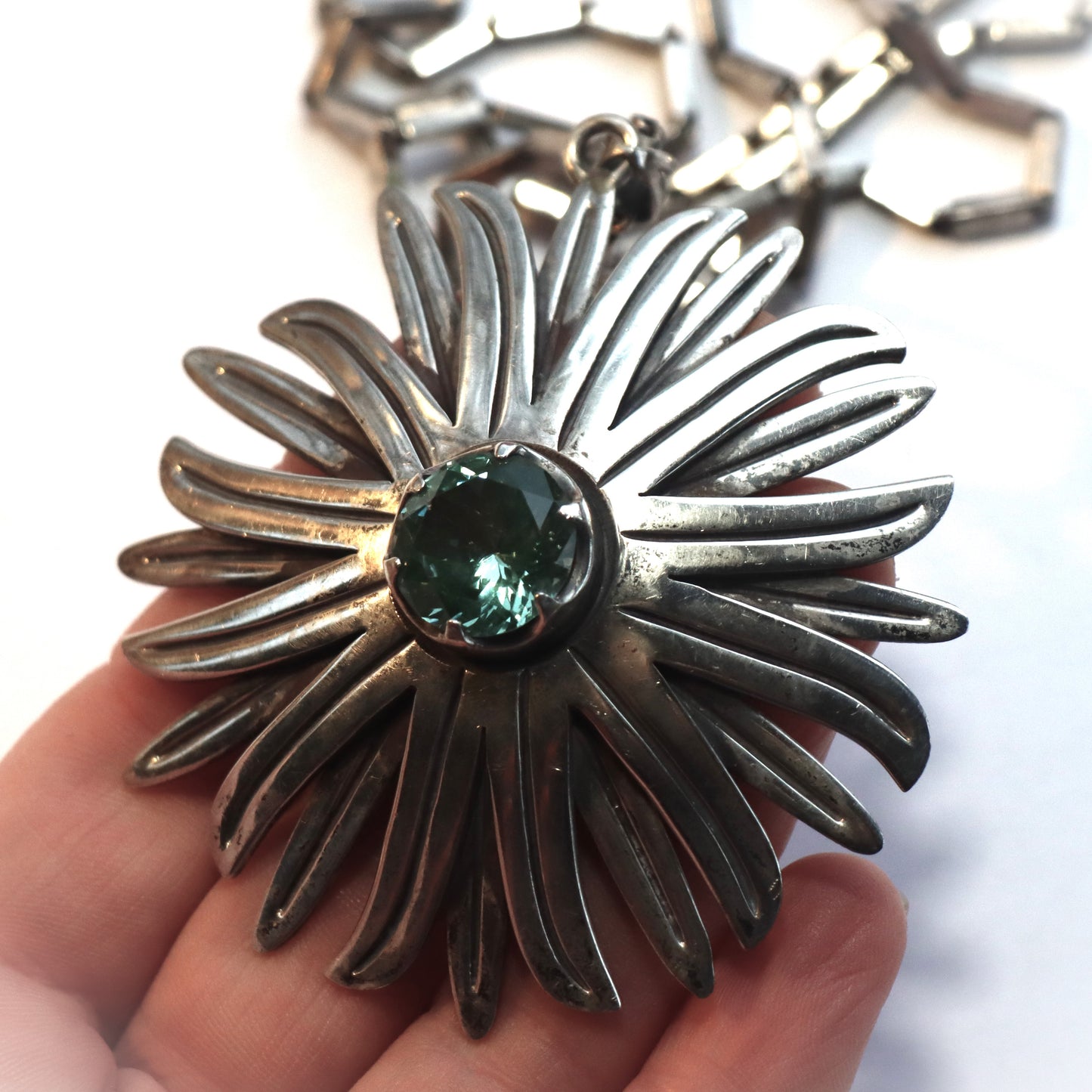 TAXCO Art Deco c1940 Sterling Flower Pendant Color Change lab Sapphire Sterling Baht Chain
