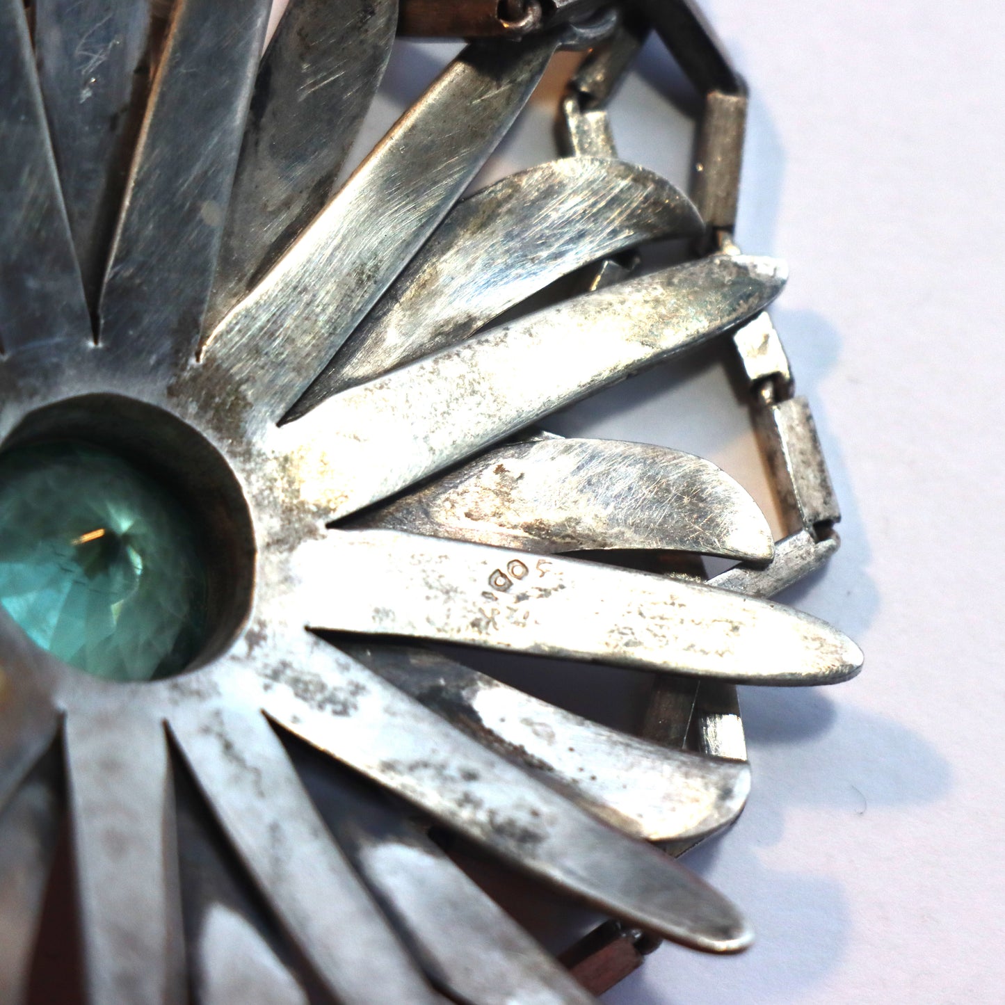 TAXCO Art Deco c1940 Sterling Flower Pendant Color Change lab Sapphire Sterling Baht Chain
