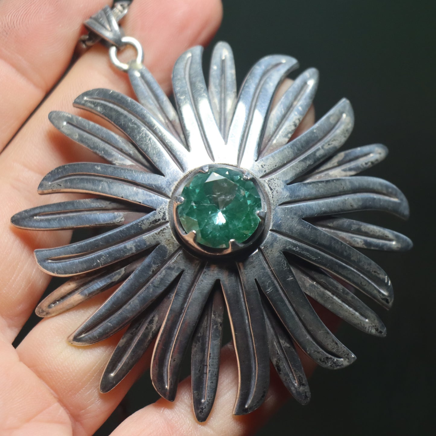 TAXCO Art Deco c1940 Sterling Flower Pendant Color Change lab Sapphire Sterling Baht Chain